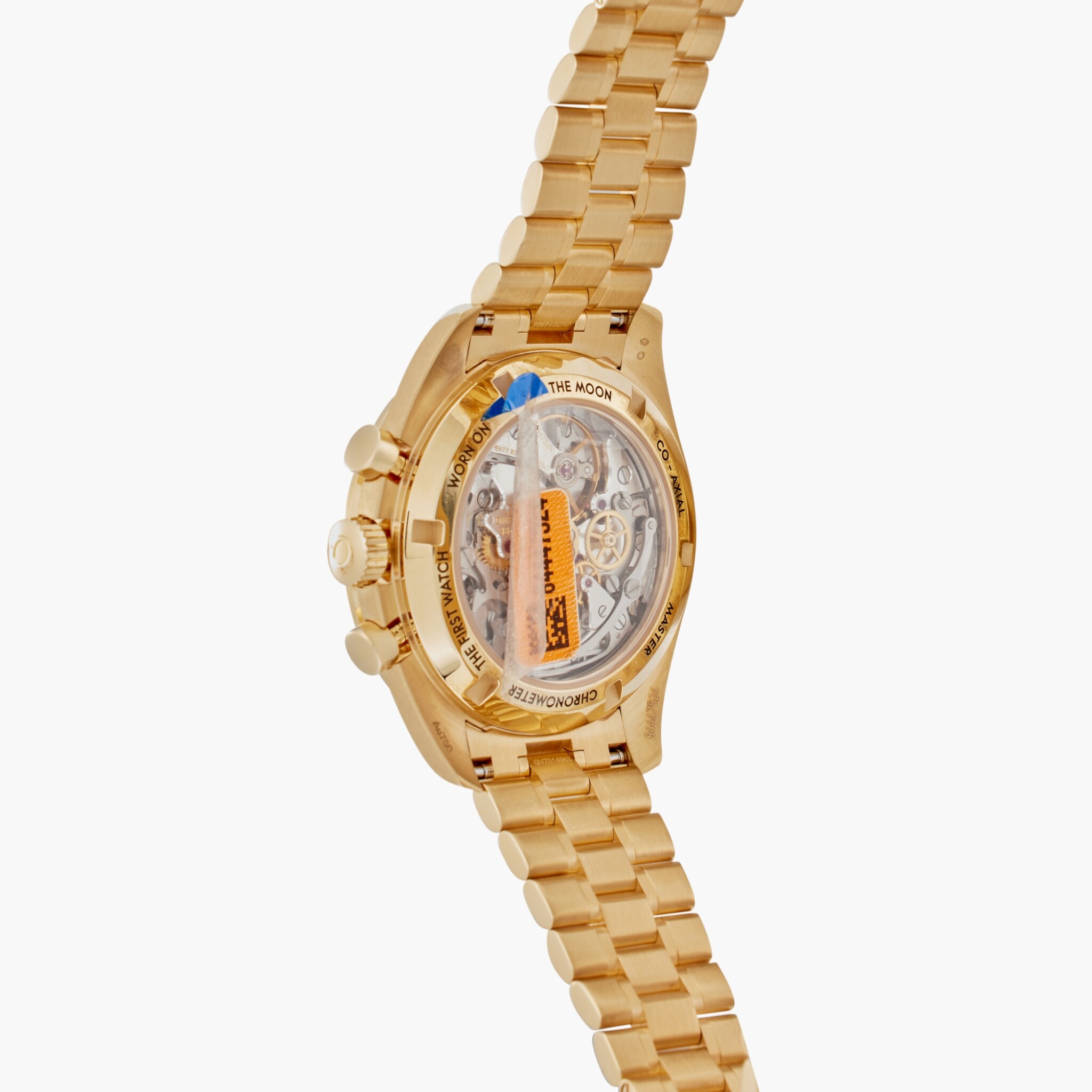 case back of Omega Speedmaster "Pikachu" in Moonshine Gold from Buzz Aldrin