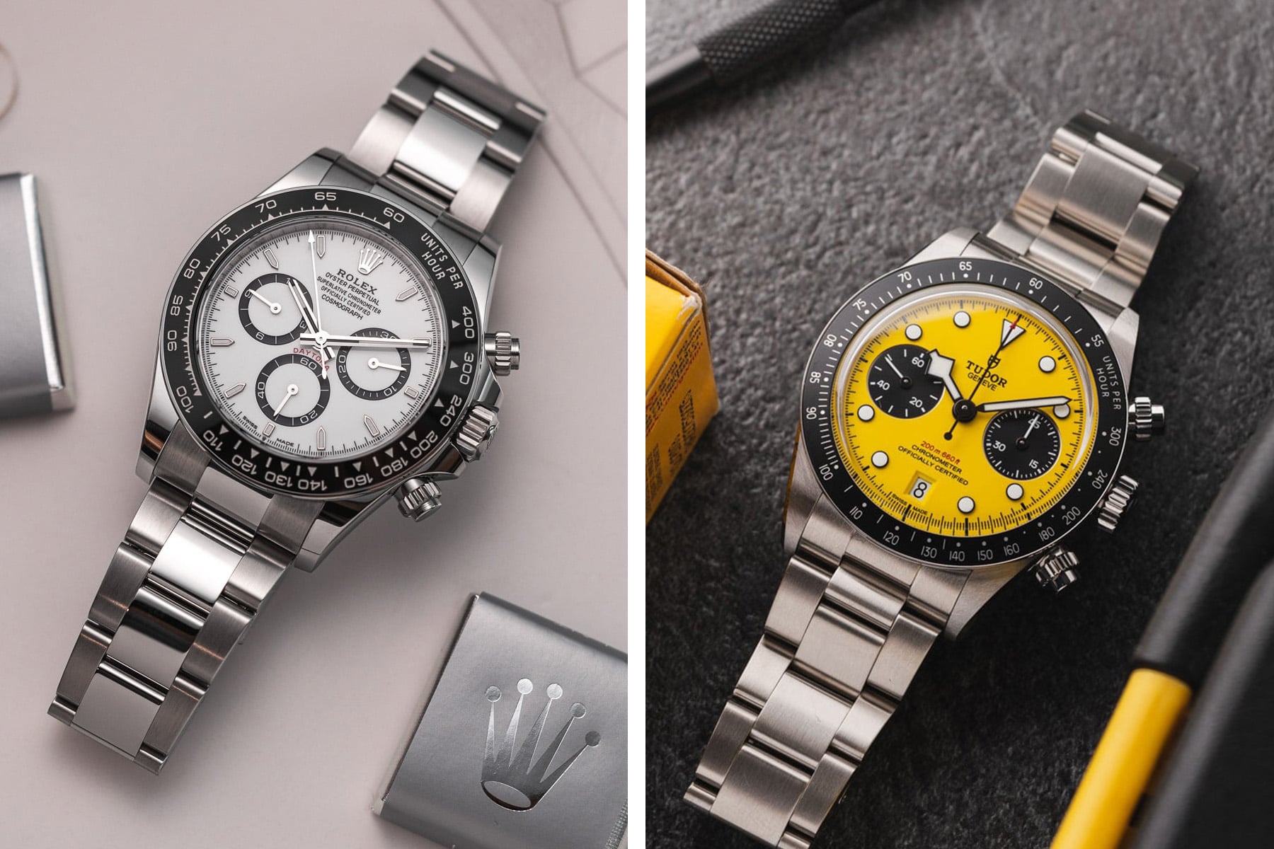 Tudor Black Bay Chrono 39 vs. Rolex Cosmograph Daytona collage