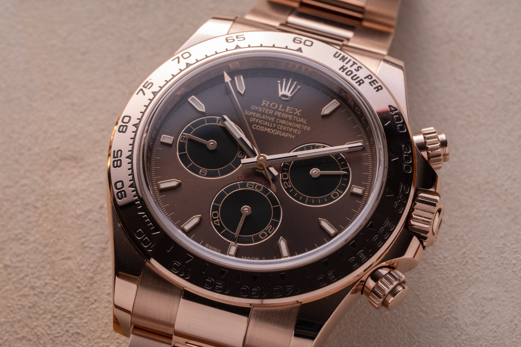 Rolex Cosmograph Daytona ref. 126505-0005 flat-lay, up close