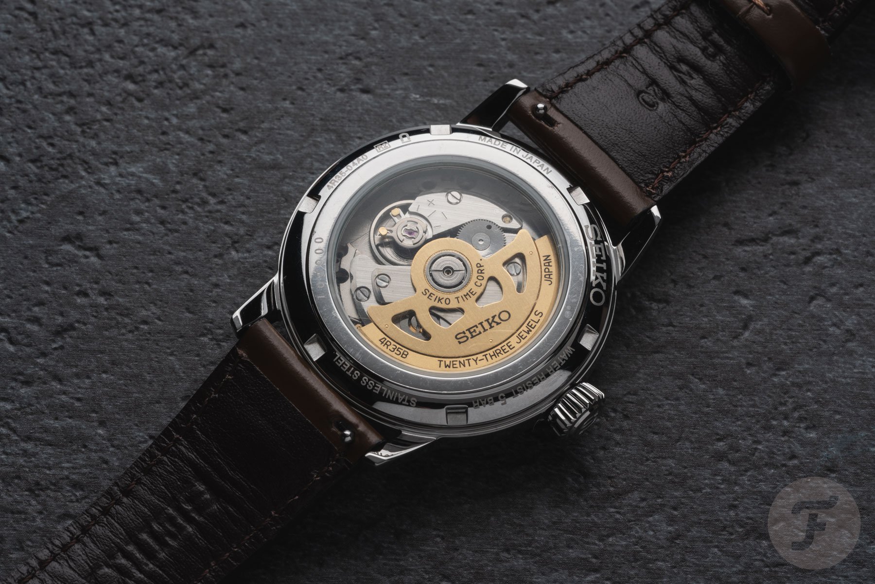 Seiko Presage Cocktail Time HCB003 case back and 4R35 movement