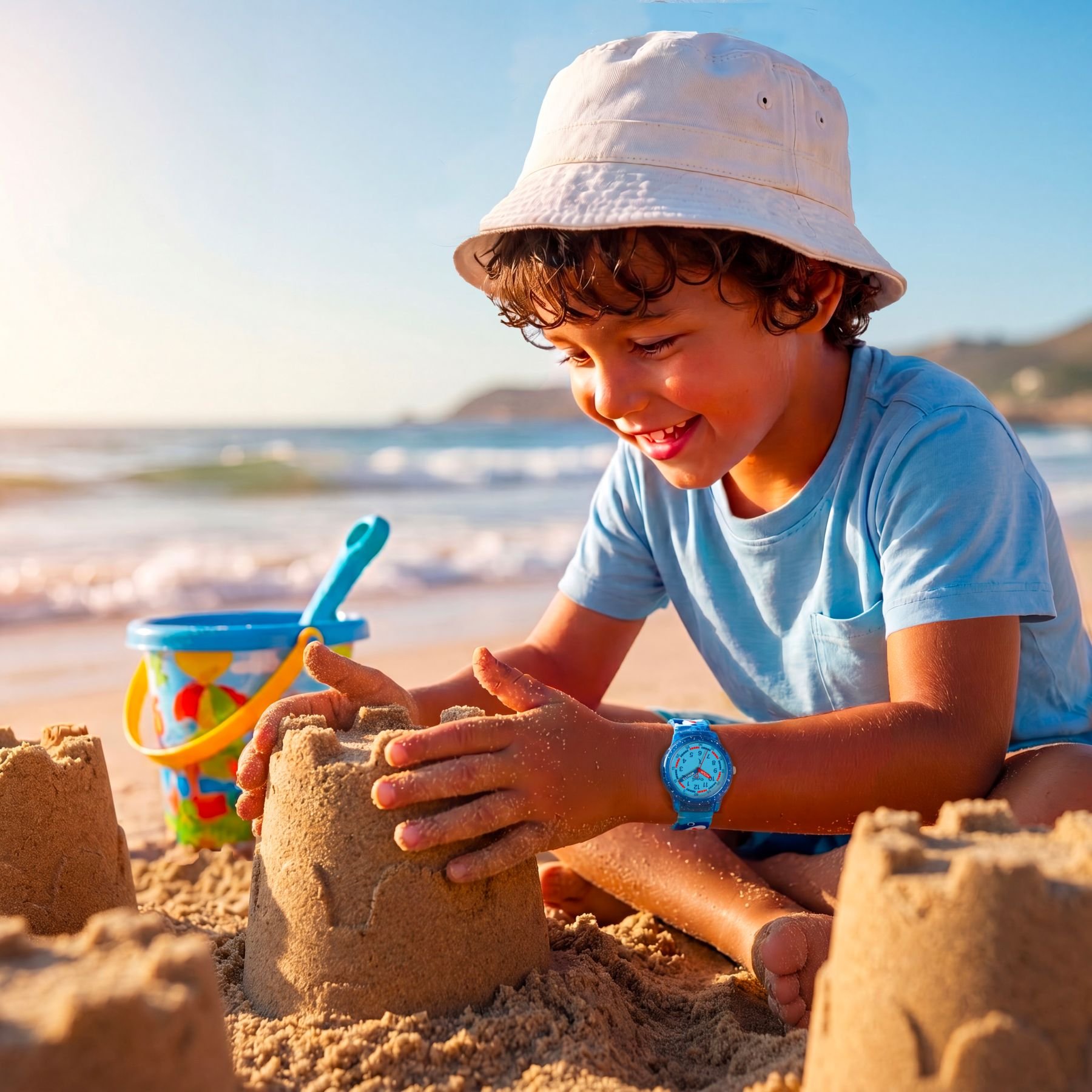 Boy wearing the MC Onsen Cybex Shark watch while building sand castle