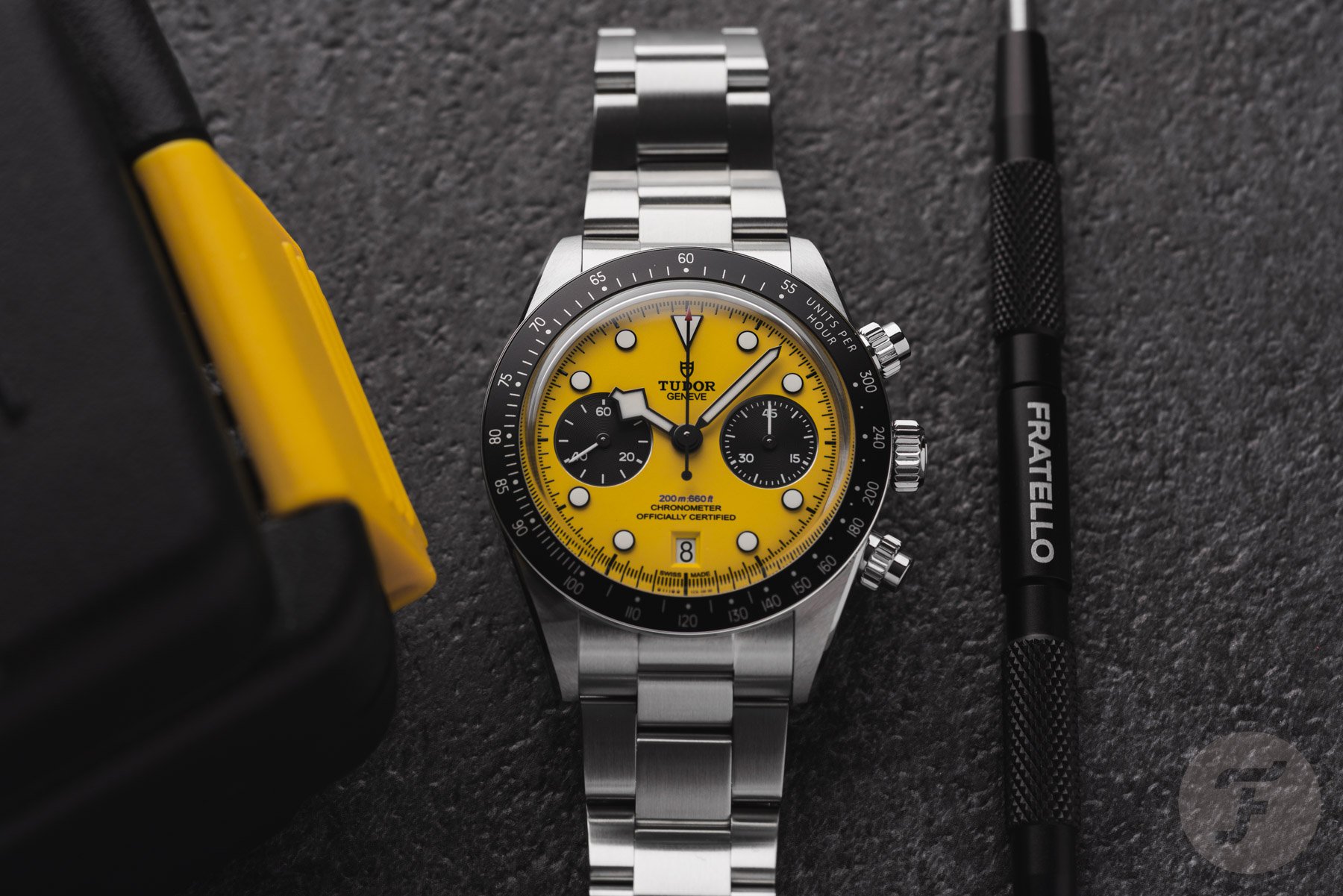 Tudor Black Bay Chrono 39 Bumblebee flat-lay, head on