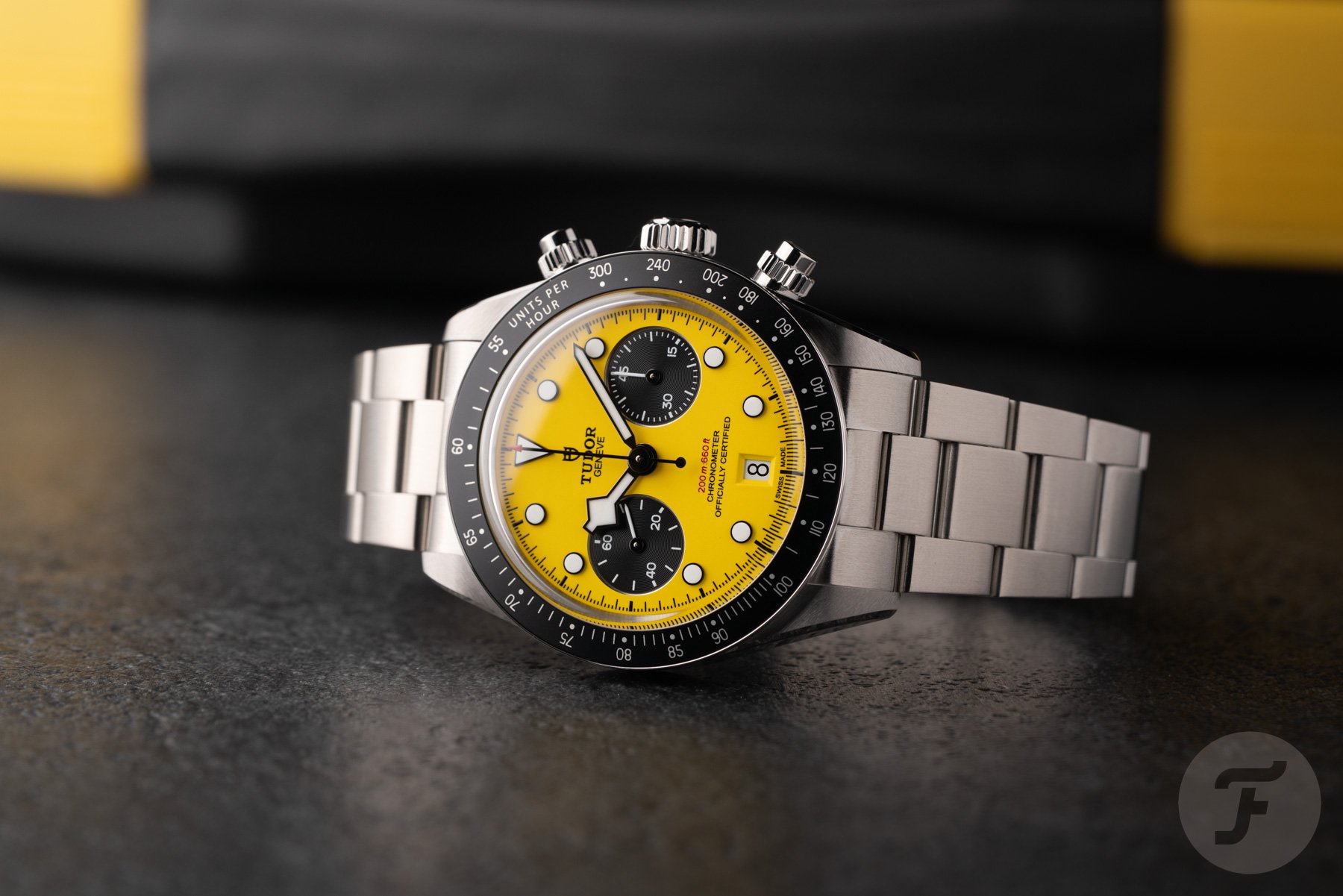Tudor Black Bay Chrono 39 Bumblebee on its side