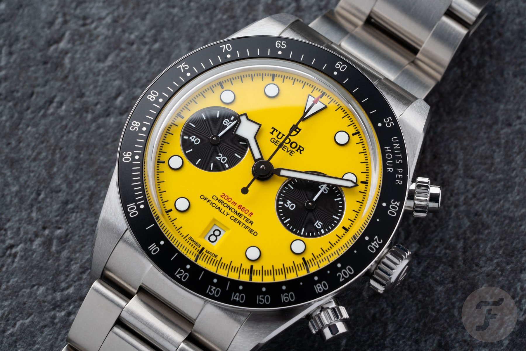 Tudor Black Bay Chrono 39 "Bumblebee" flat-lay, close up