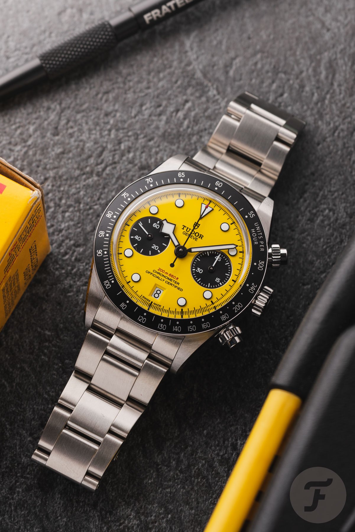 Tudor Black Bay Chrono 39 Bumblebee flat-lay