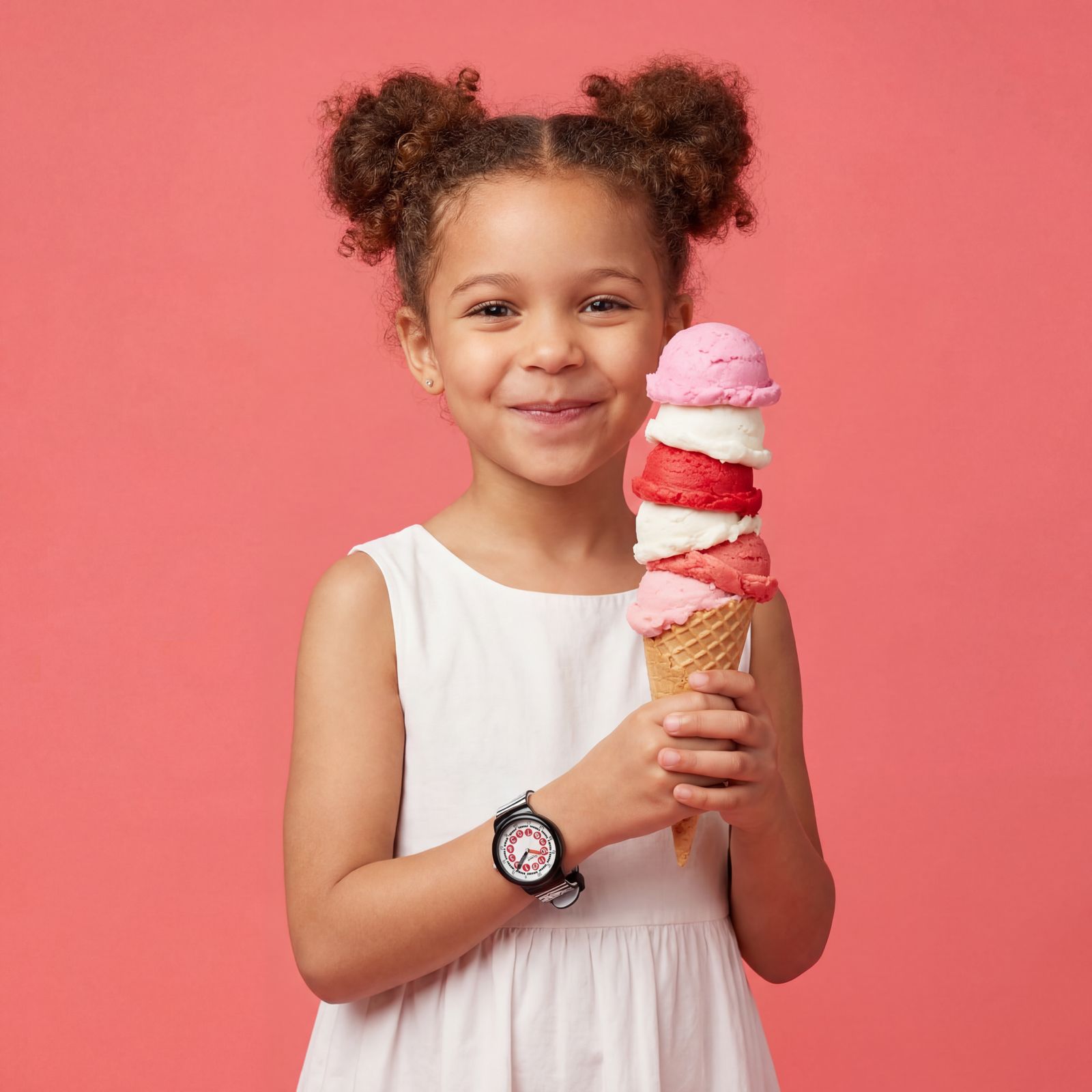 Girl wearing the Mc Onsen Cybex Zebra watch while holding ice cream cone