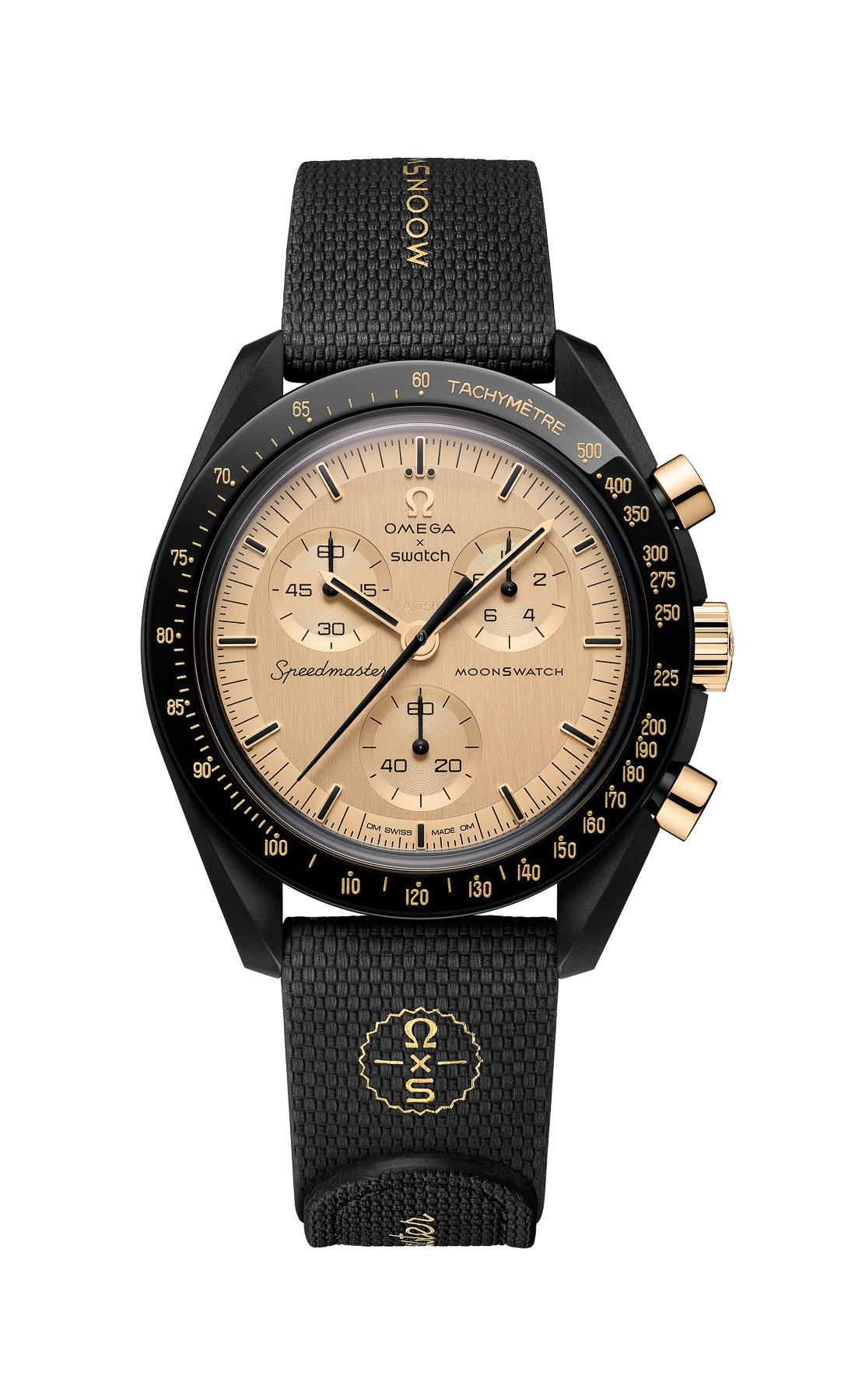 Front view of the Swatch MoonSwatch Mission To The Moon 1969 showing the full dial layout with three sub-dials and the gold-printed bezel