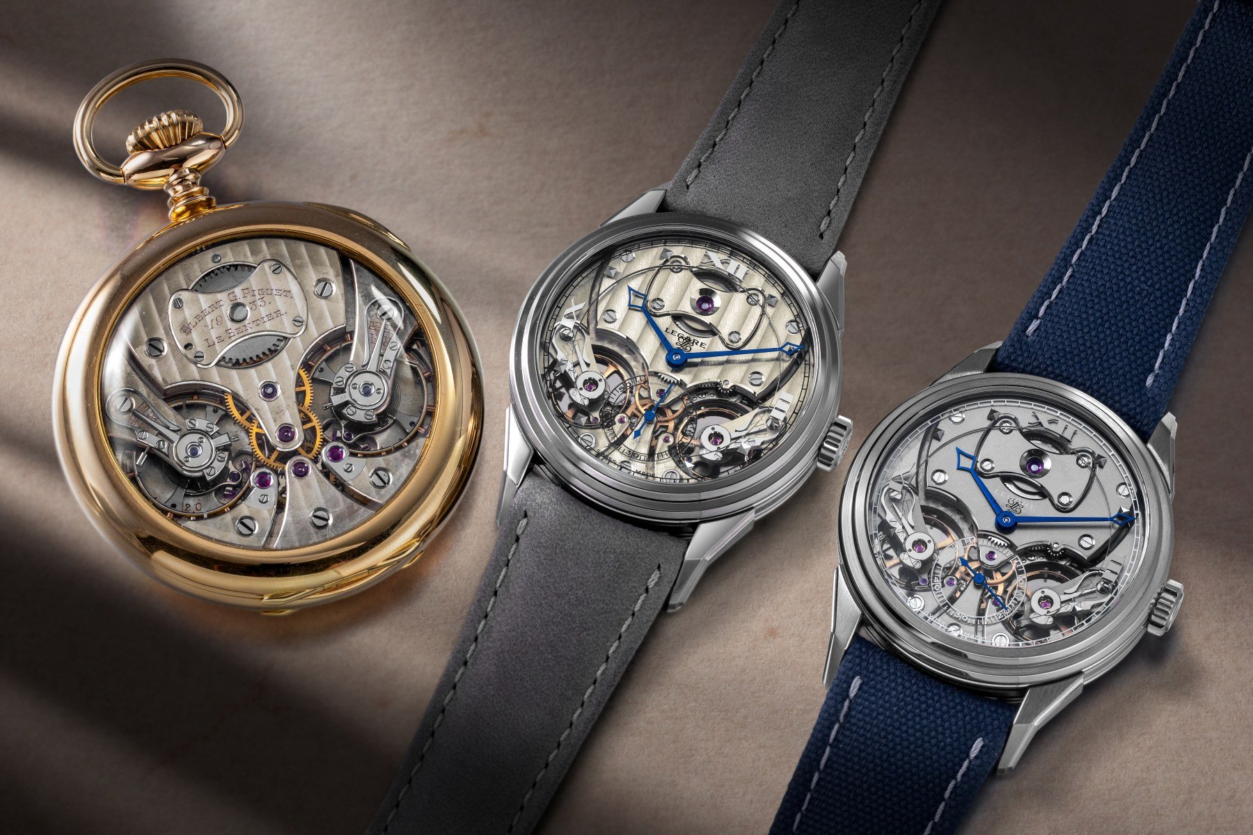Two versions of the Legare Chapter 1 AGP Inverted and the original Piguet pocket watch