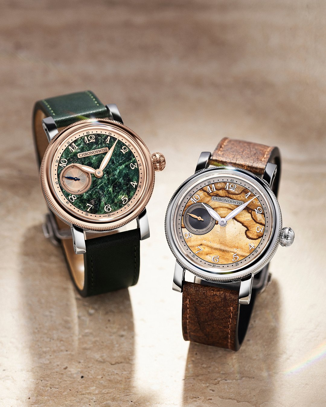 Chronoswiss Small Second Serpentine and Jasper upright, side by side
