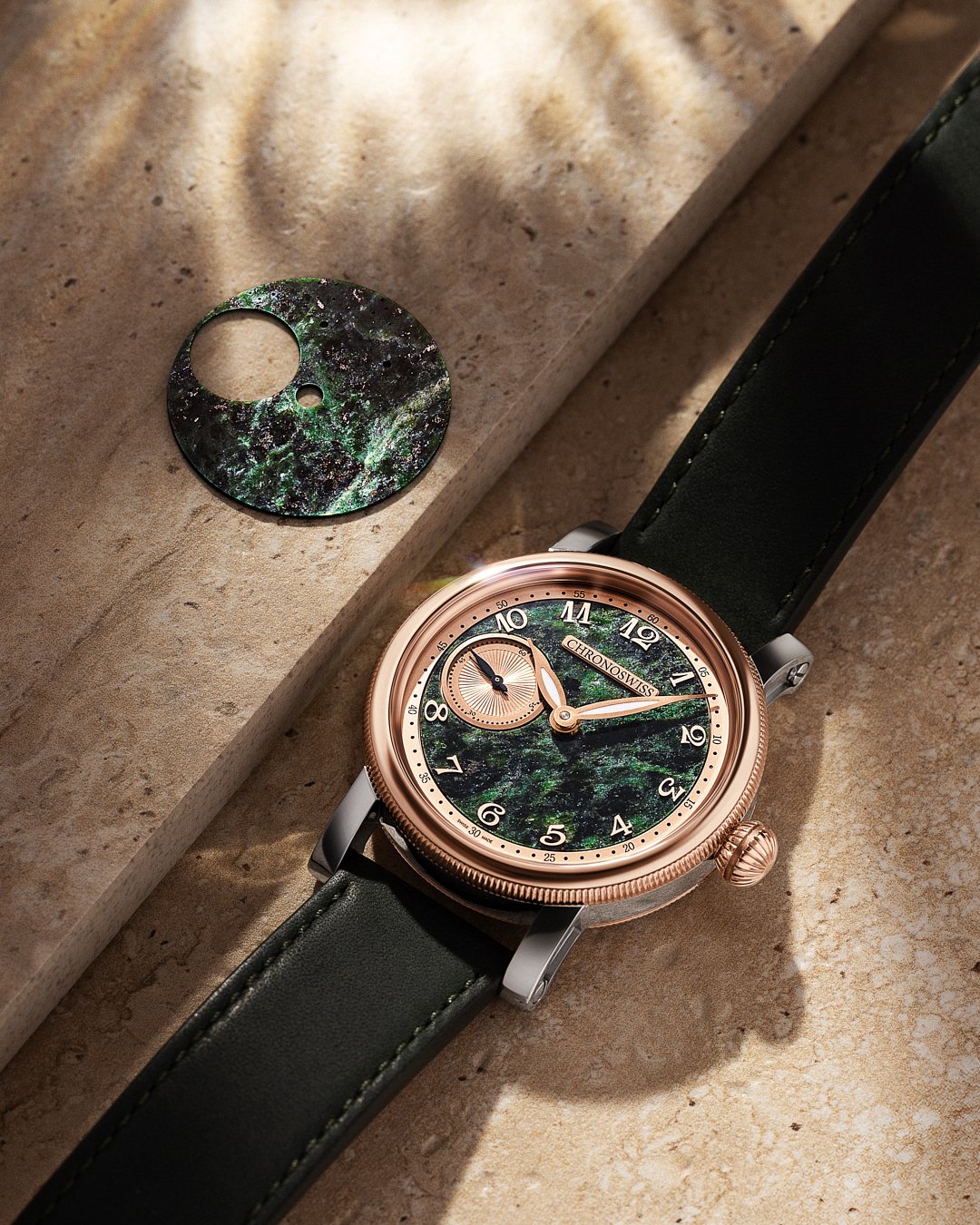 Chronoswiss Small Second Serpentine flat-lay next to dial base