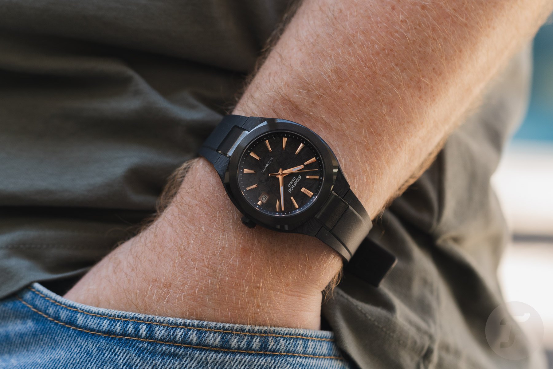 Pocket shot of the black Casio Edifice Automatic EFK-200