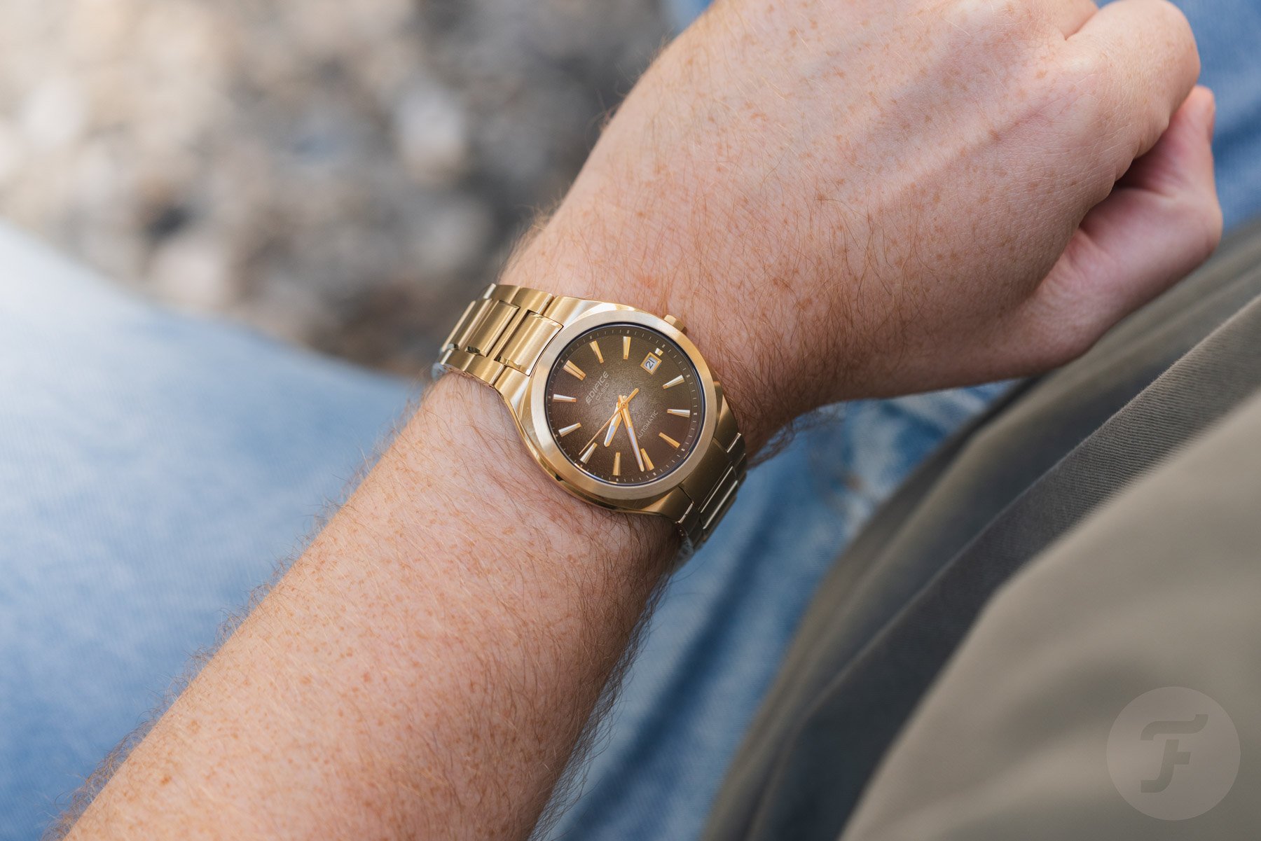 Gold-colored Casio Edifice Automatic EFK-200 on the wrist