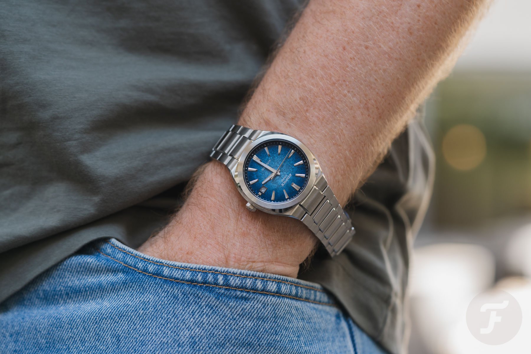 Pocket shot of the blue Casio Edifice Automatic EFK-200