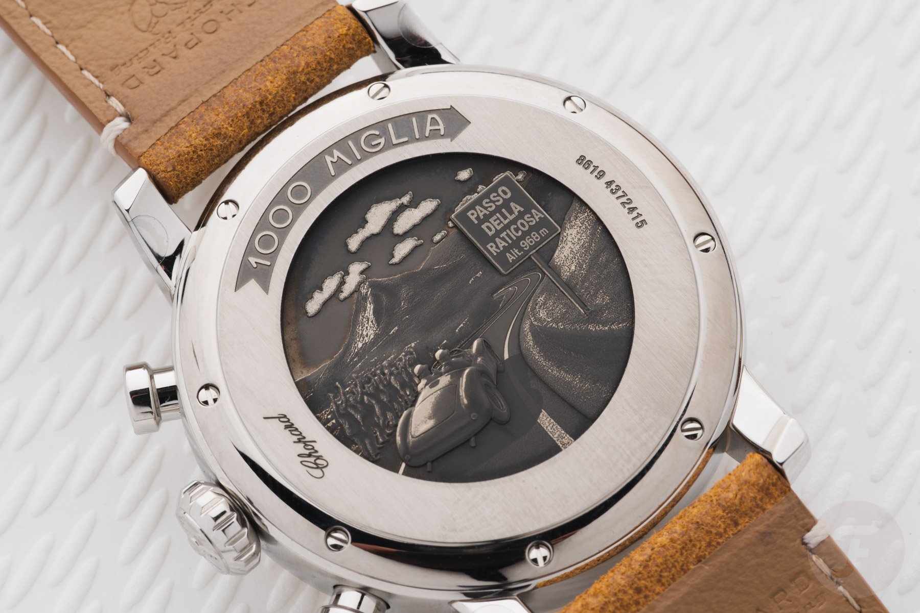 Decorarion on the case back of the Chopard Mille Miglia Classic Chronograph Raticosa