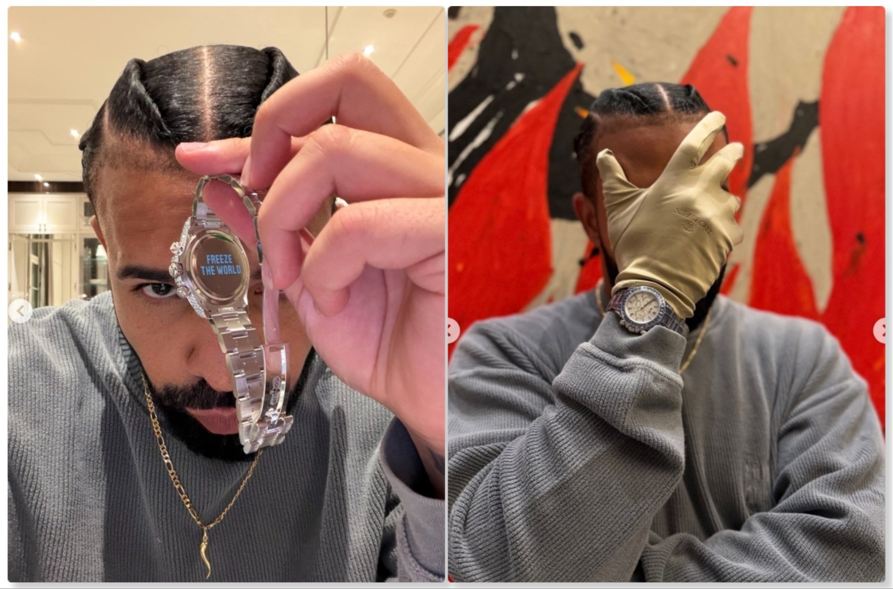 Drake holding his new off-catalog custom Rolex Daytona