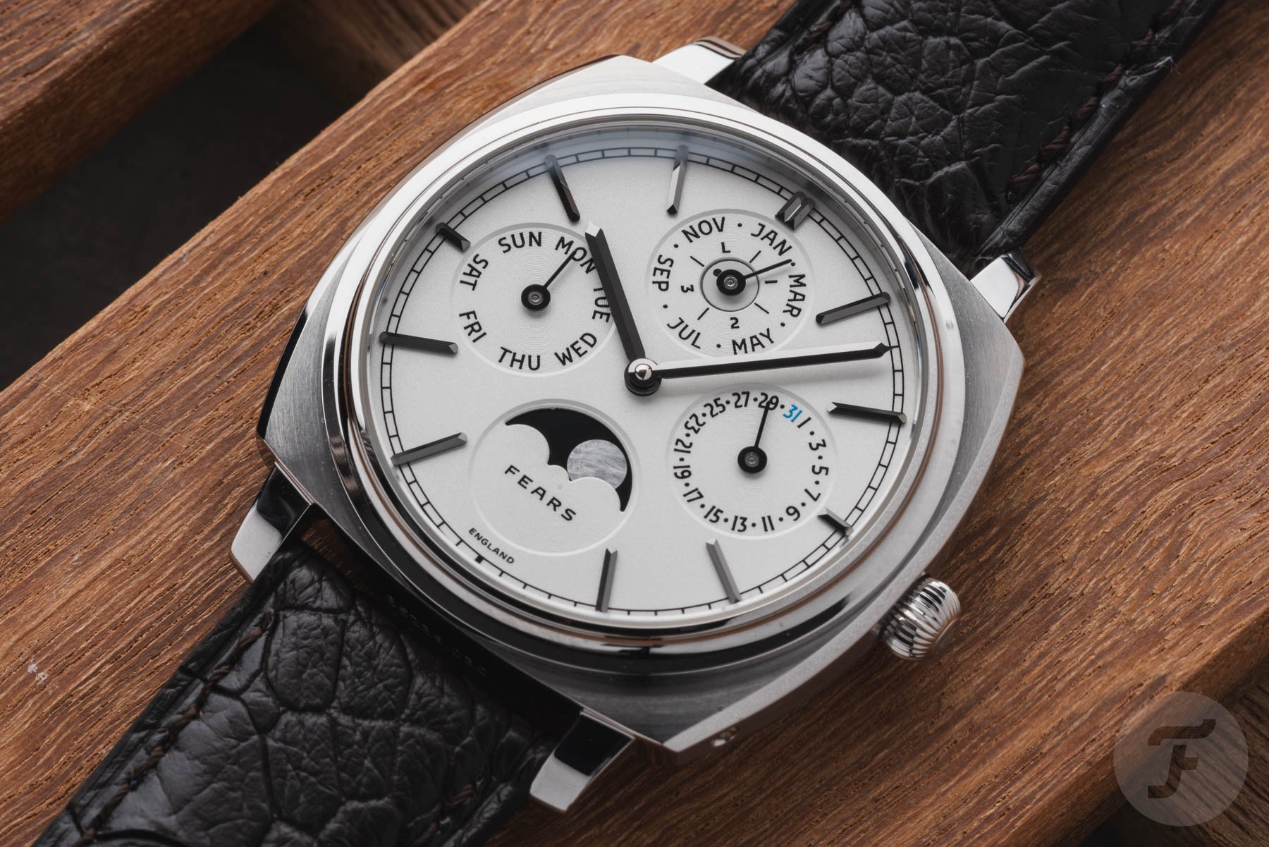 Fears Brunswick 39 Perpetual Calendar up-close flat-lay