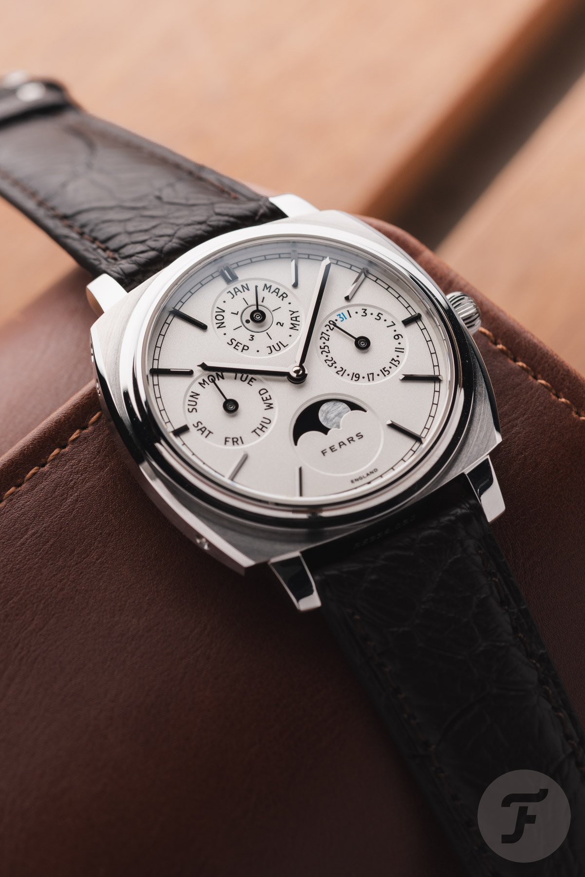 Fears Brunswick 39 Perpetual Calendar on top of watch pouch