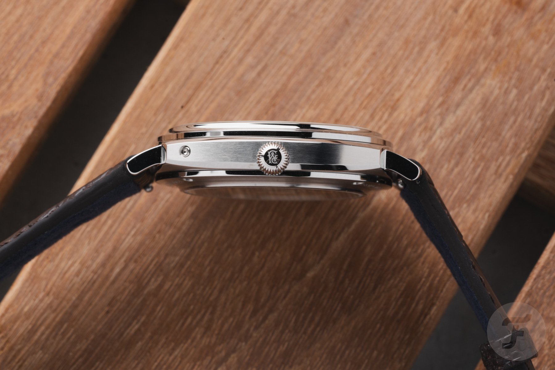 Fears Brunswick 39 Perpetual Calendar case profile, crown side