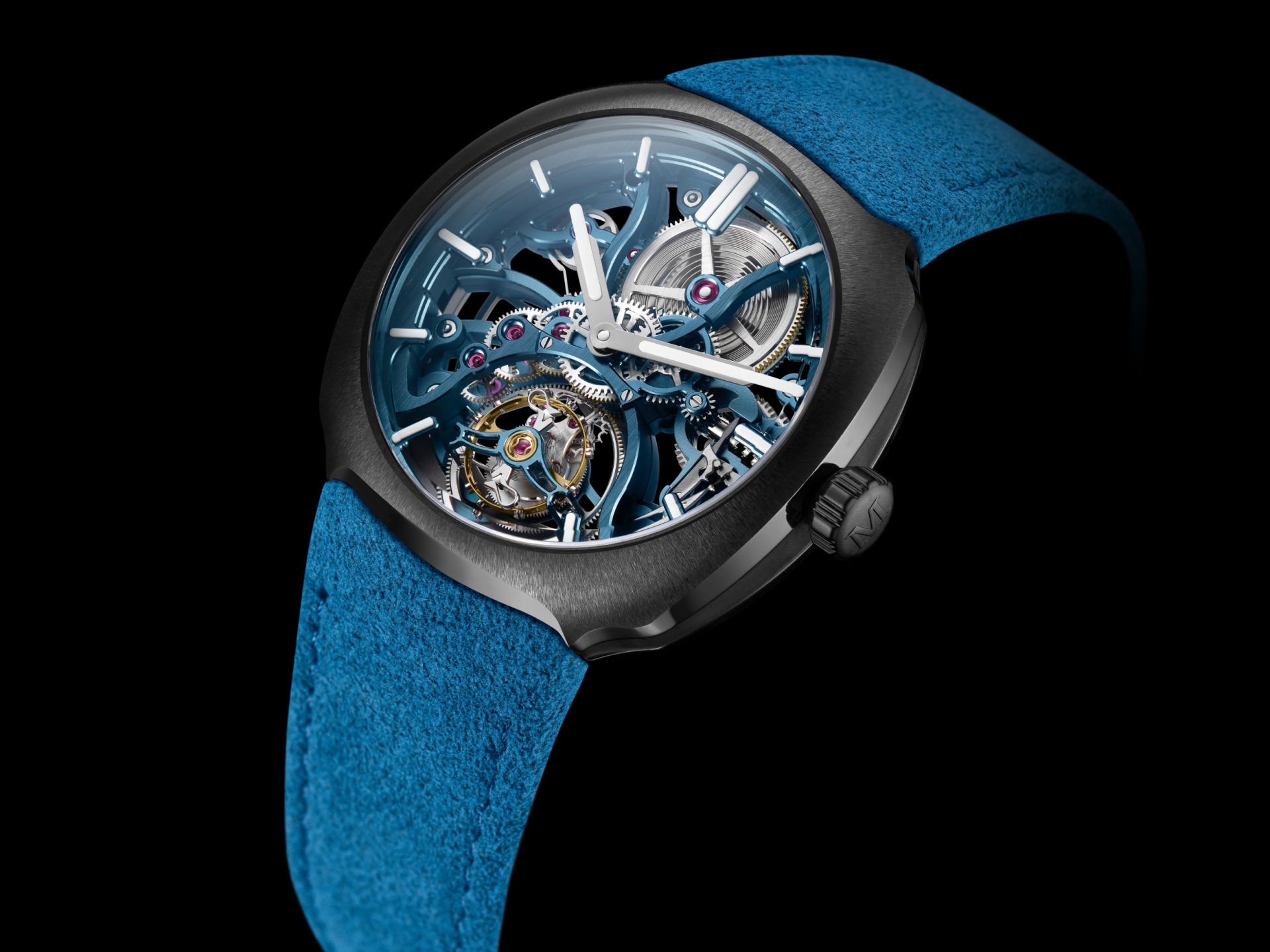 H. Moser & Cie. Streamliner Tourbillon Skeleton Ceramic Alpine Limited Edition upright, angled view