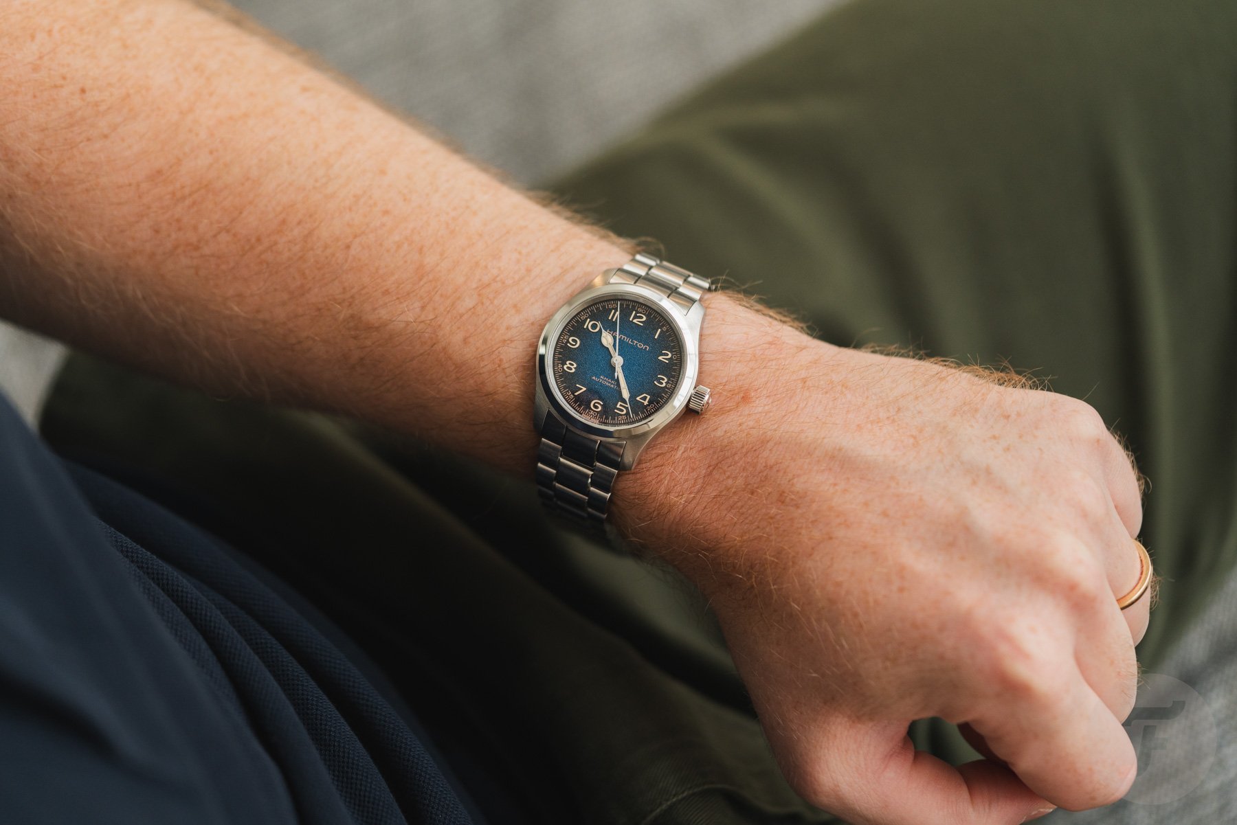 blue-dial Hamilton Khaki Field Murph 38mm on wrist