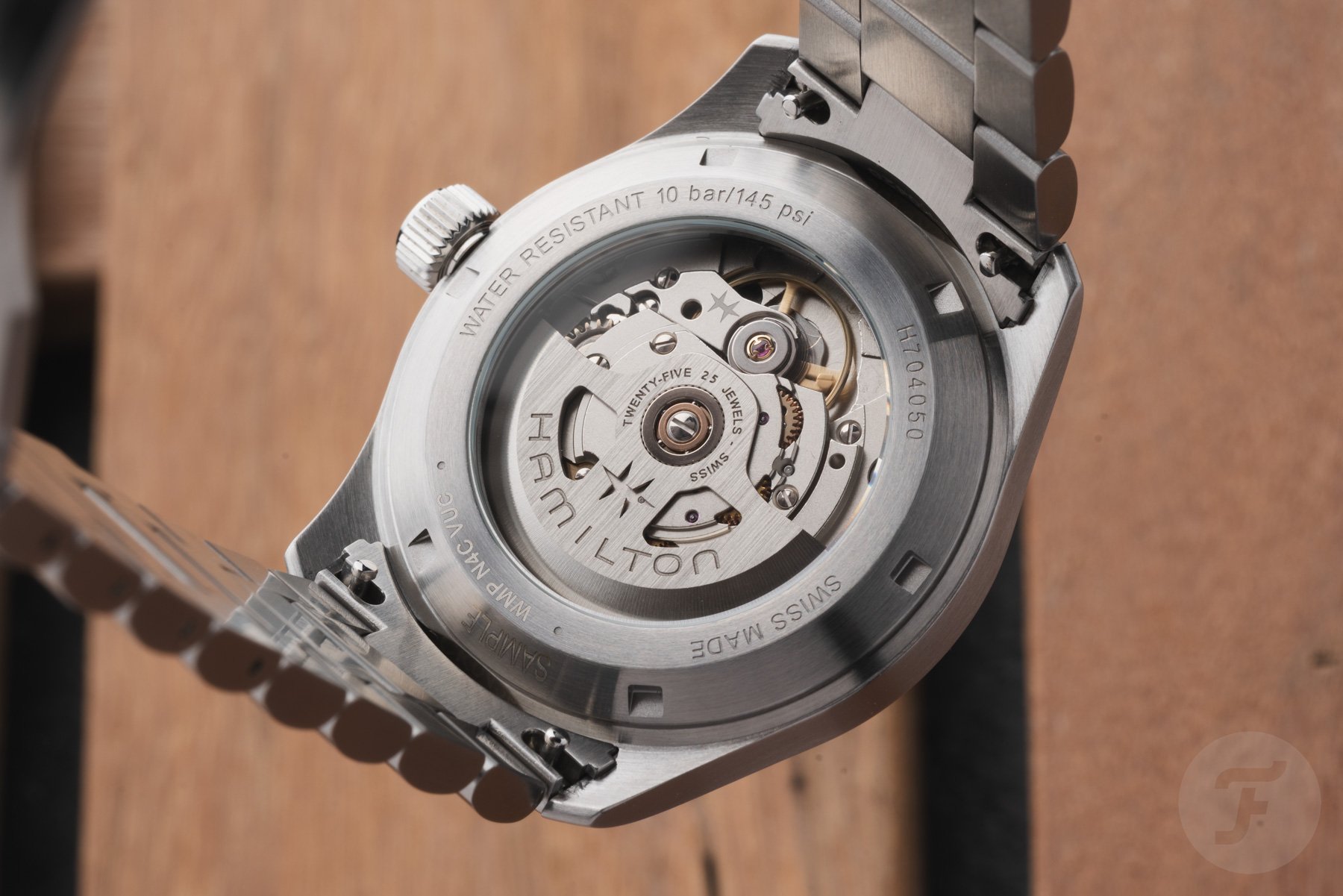blue-dial Hamilton Khaki Field Murph 38mm case back and movement