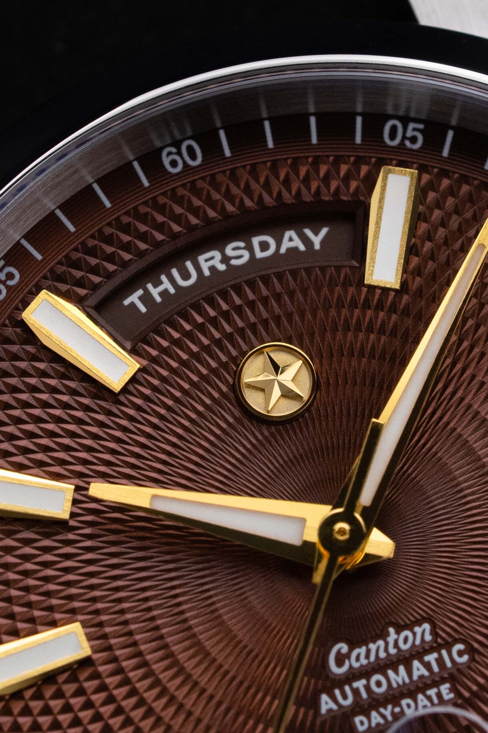 Chocolate-dial Jack Mason Canton Day-Date dial macro shot
