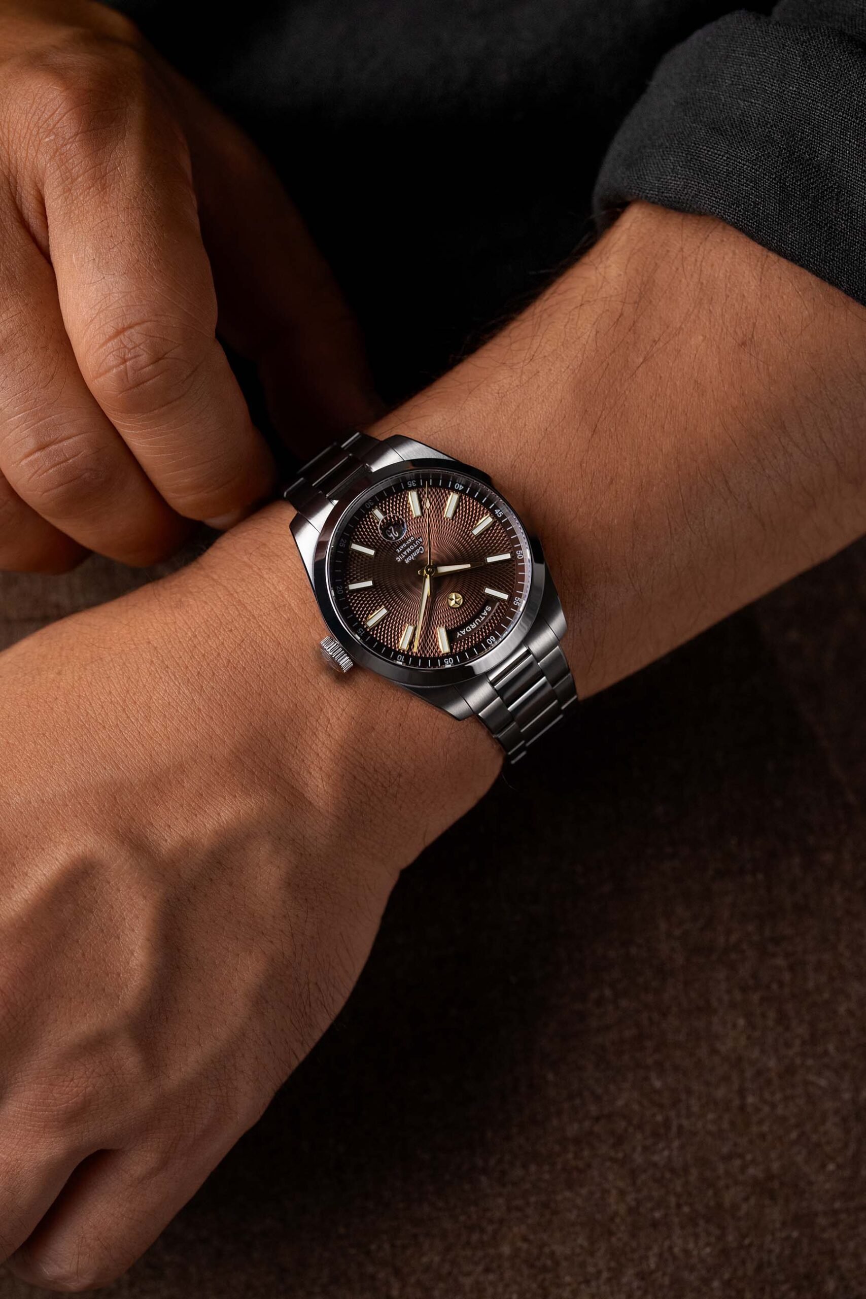 Chocolate-dial Jack Mason Canton Day-Date on wrist