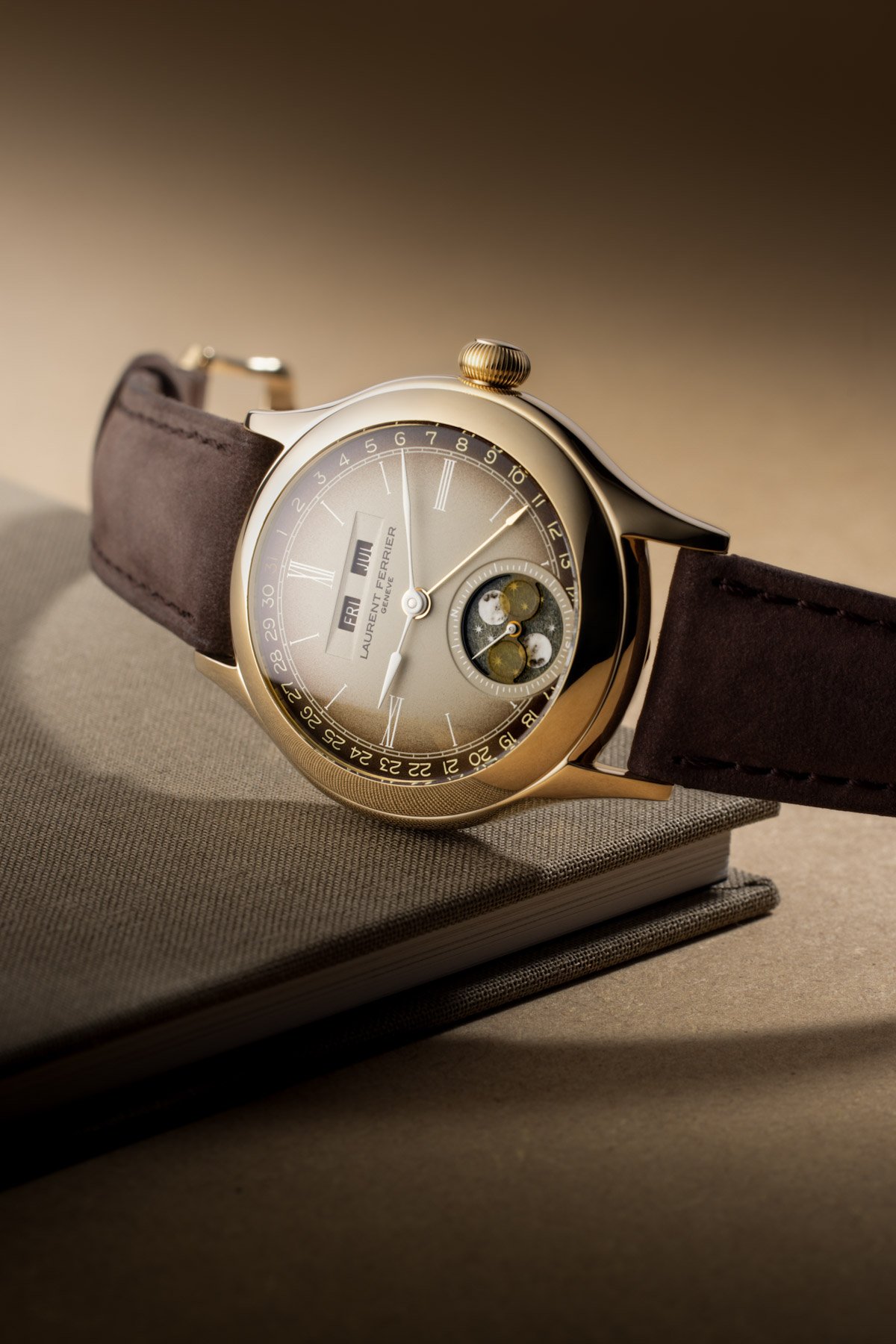 Laurent Ferrier Classic Moon Dusk on its side, crown up