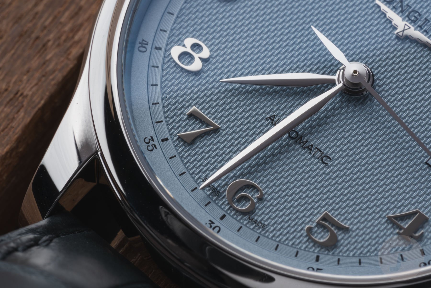 Longines Master 41 blue dial and hands up close