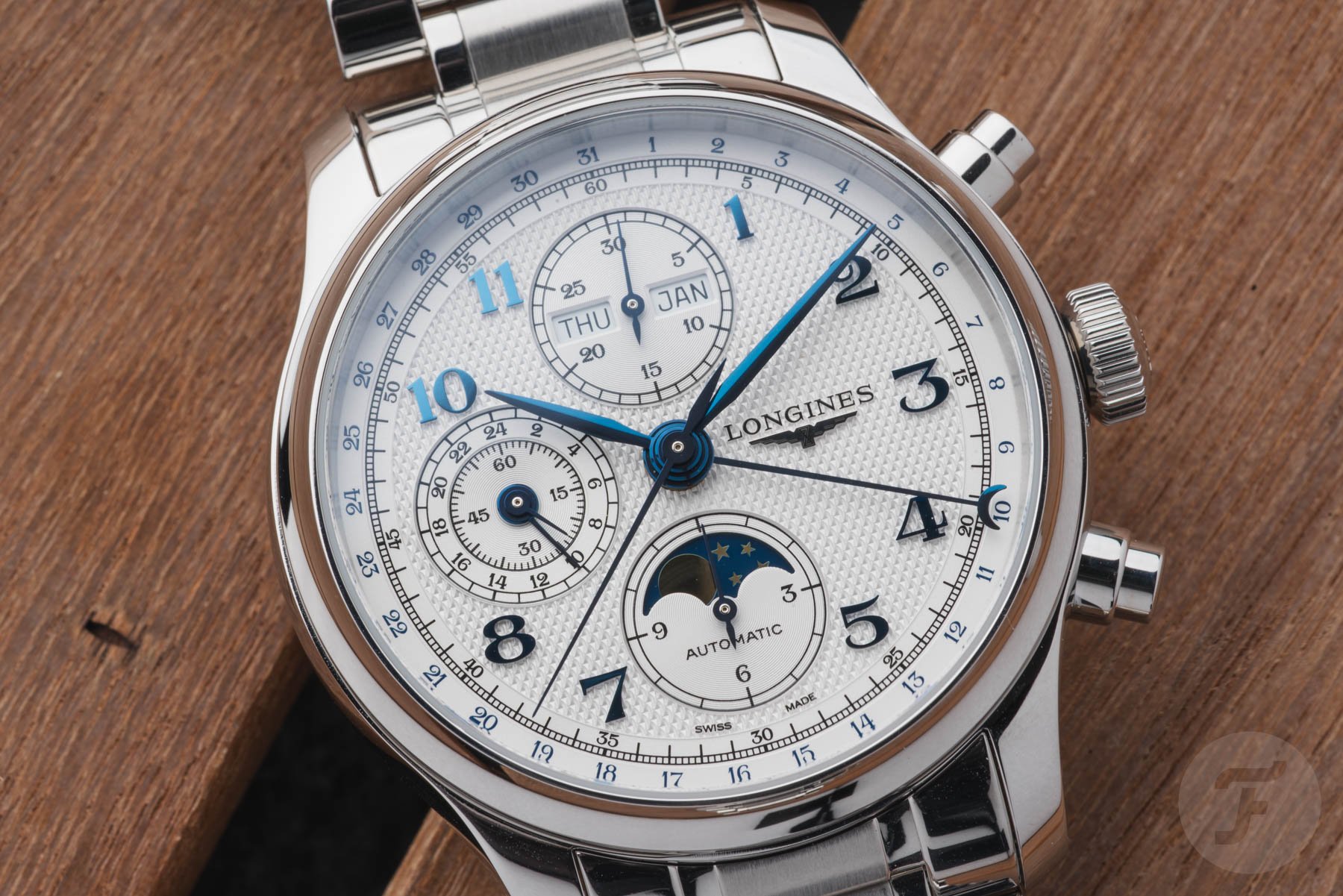 Longines Master Chrono Moonphase dial up close