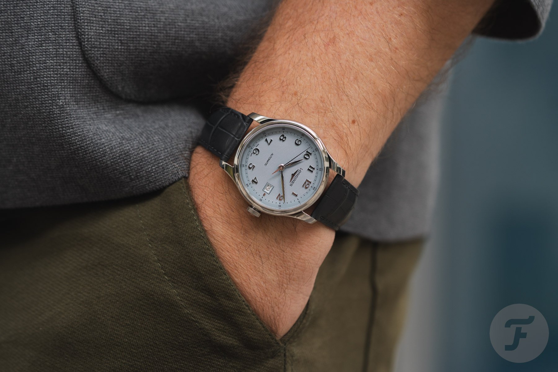 blue-dial Longines Master 41 pocket shot