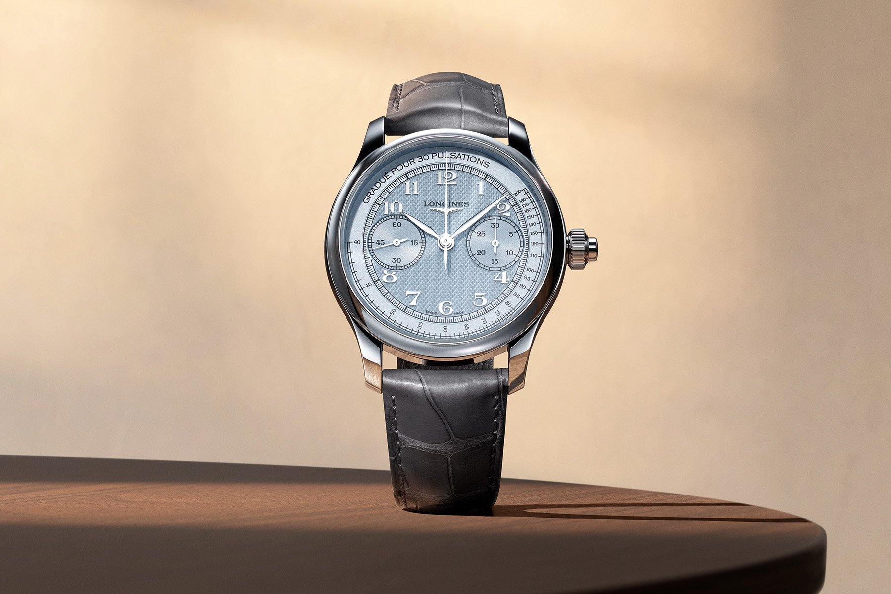 blue-dial Longines Master Chrono Monopusher head on