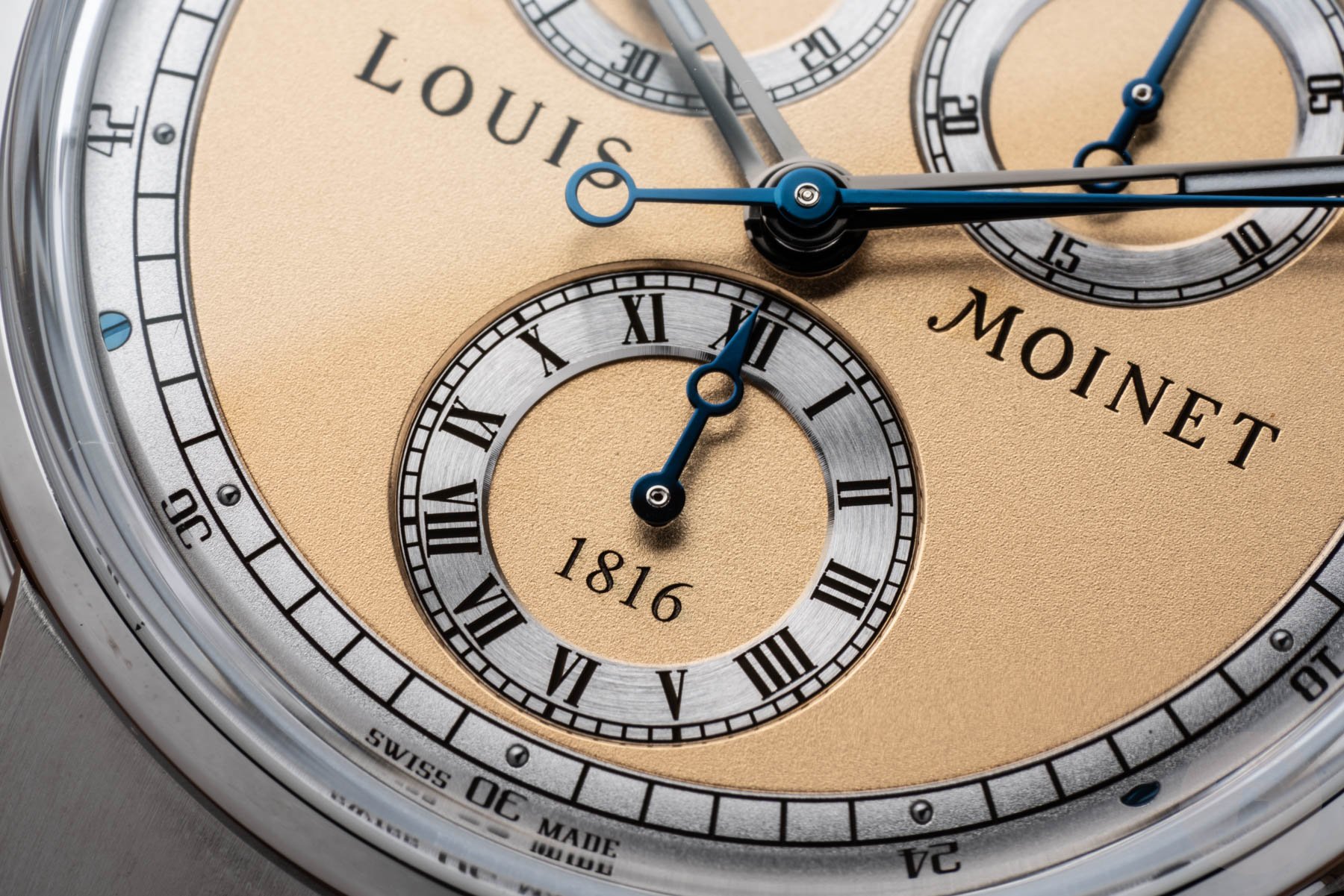 Dial of the Louis Moinet 1816 Chronograph Champagne