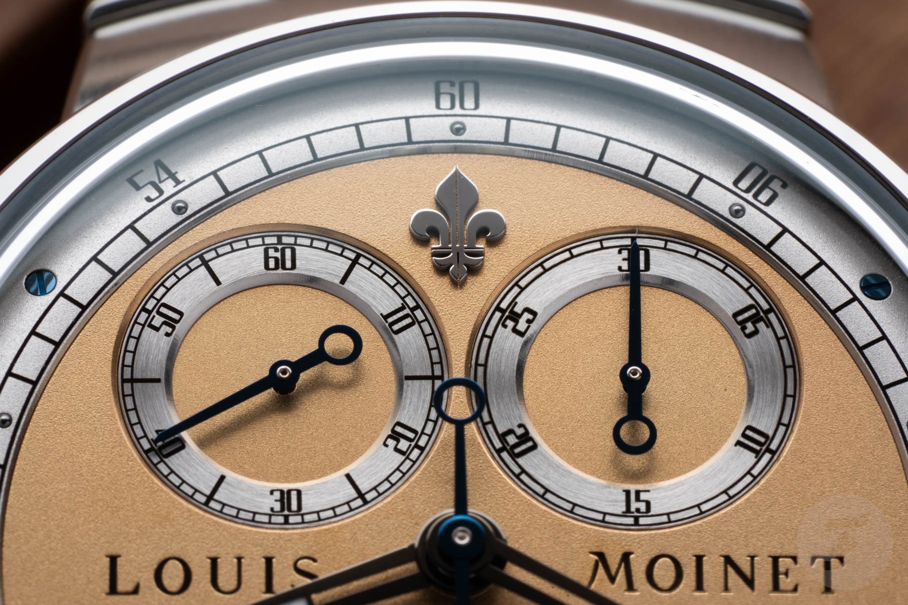 Dial of the Louis Moinet 1816 Chronograph Champagne