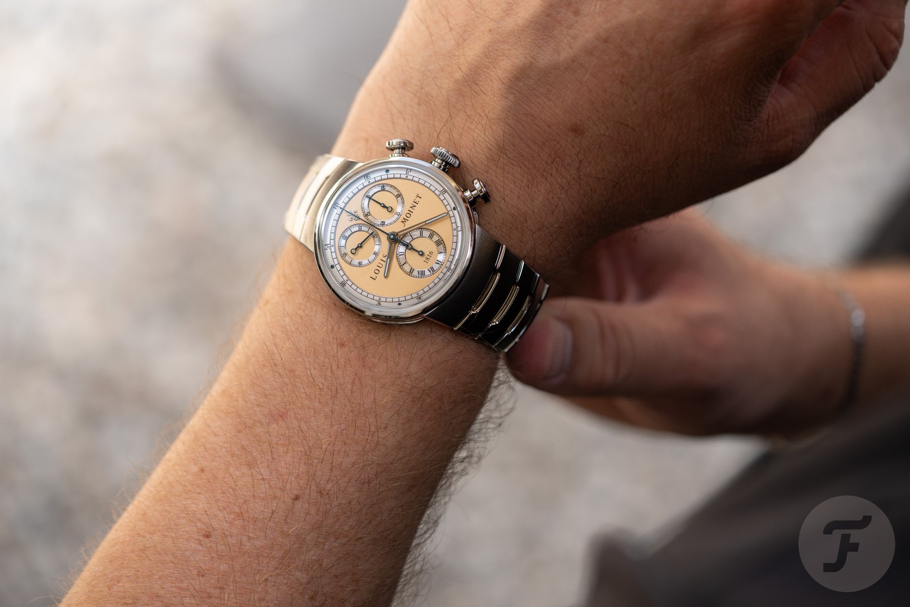 The Louis Moinet 1816 Chronograph Champagne on the wrist