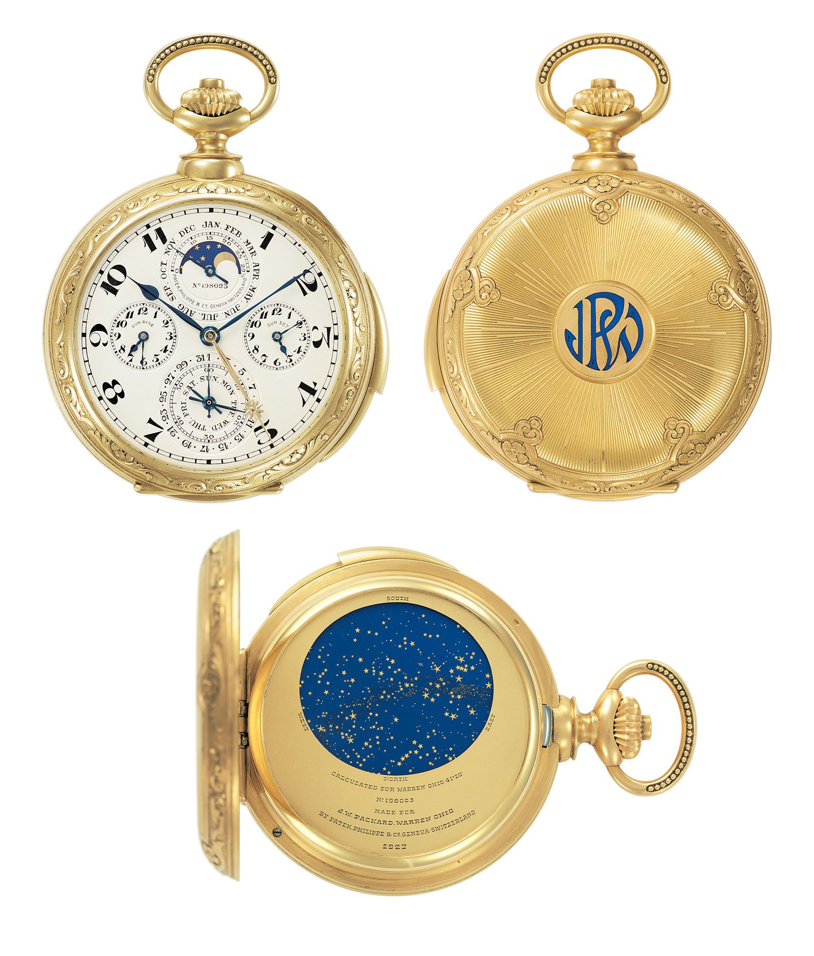 Different views of the Patek Philippe James Ward Packard Astronomical pocket watch from 1925