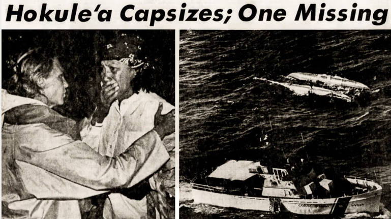 newpaper headline and photos about Hokule'a capsizing