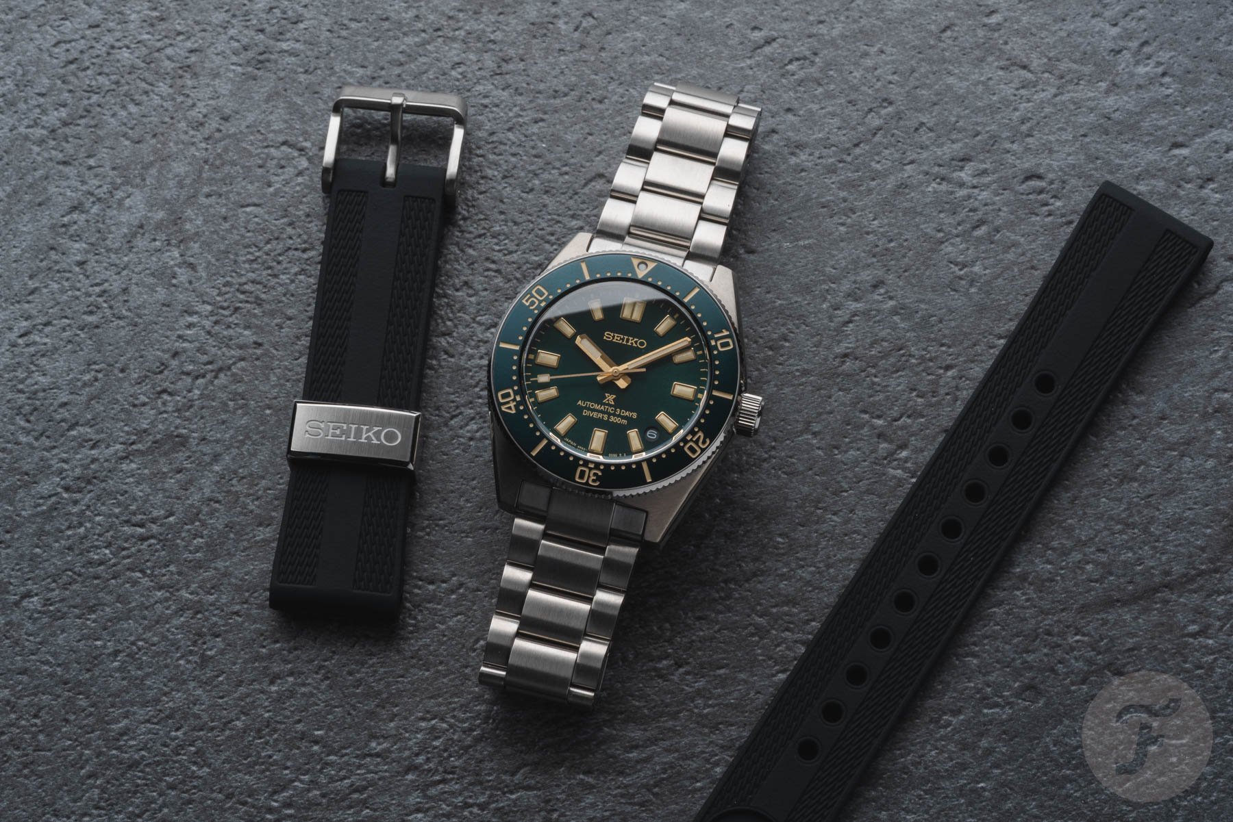 Seiko Prospex 1965 Heritage Diver's Watch HBC010 flat-lay with black silicone strap