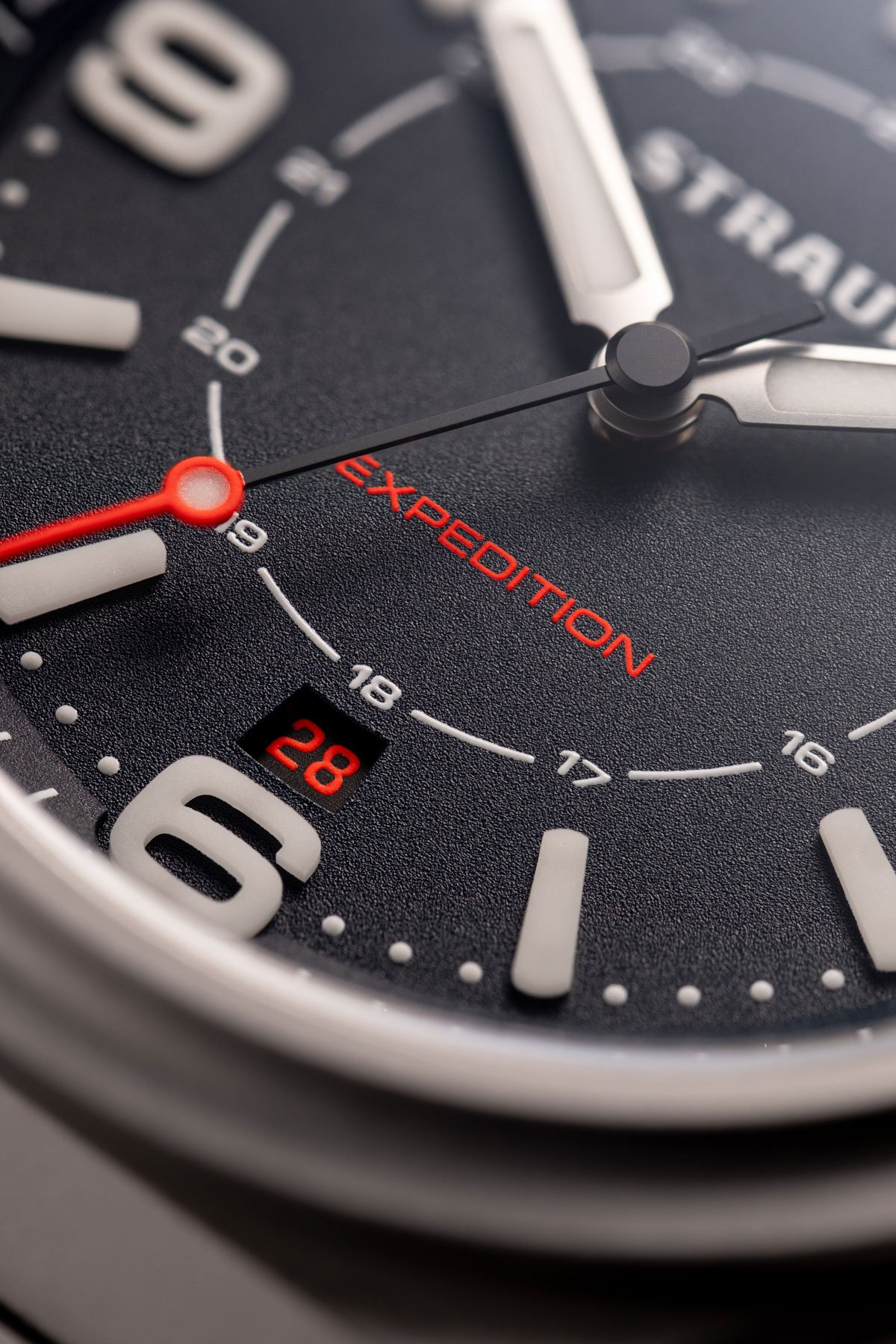 blue-dial Straum Expedition macro shot