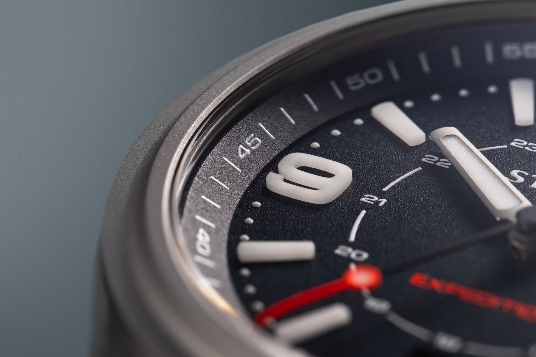 blue-dial Straum Expedition indexes, macro shot