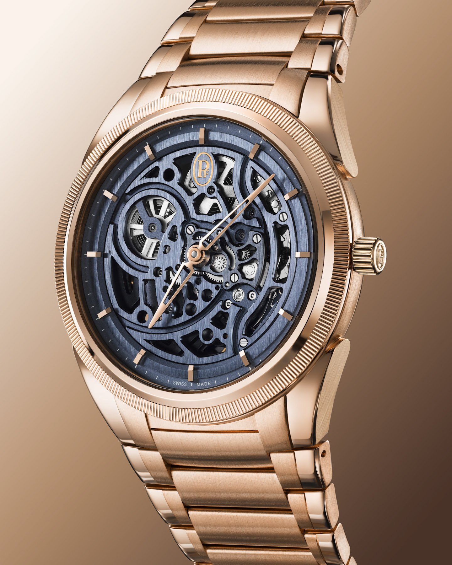 Parmigiani Fleurier Tonda PF Skeleton Rose Gold Milano Blue upright angled view