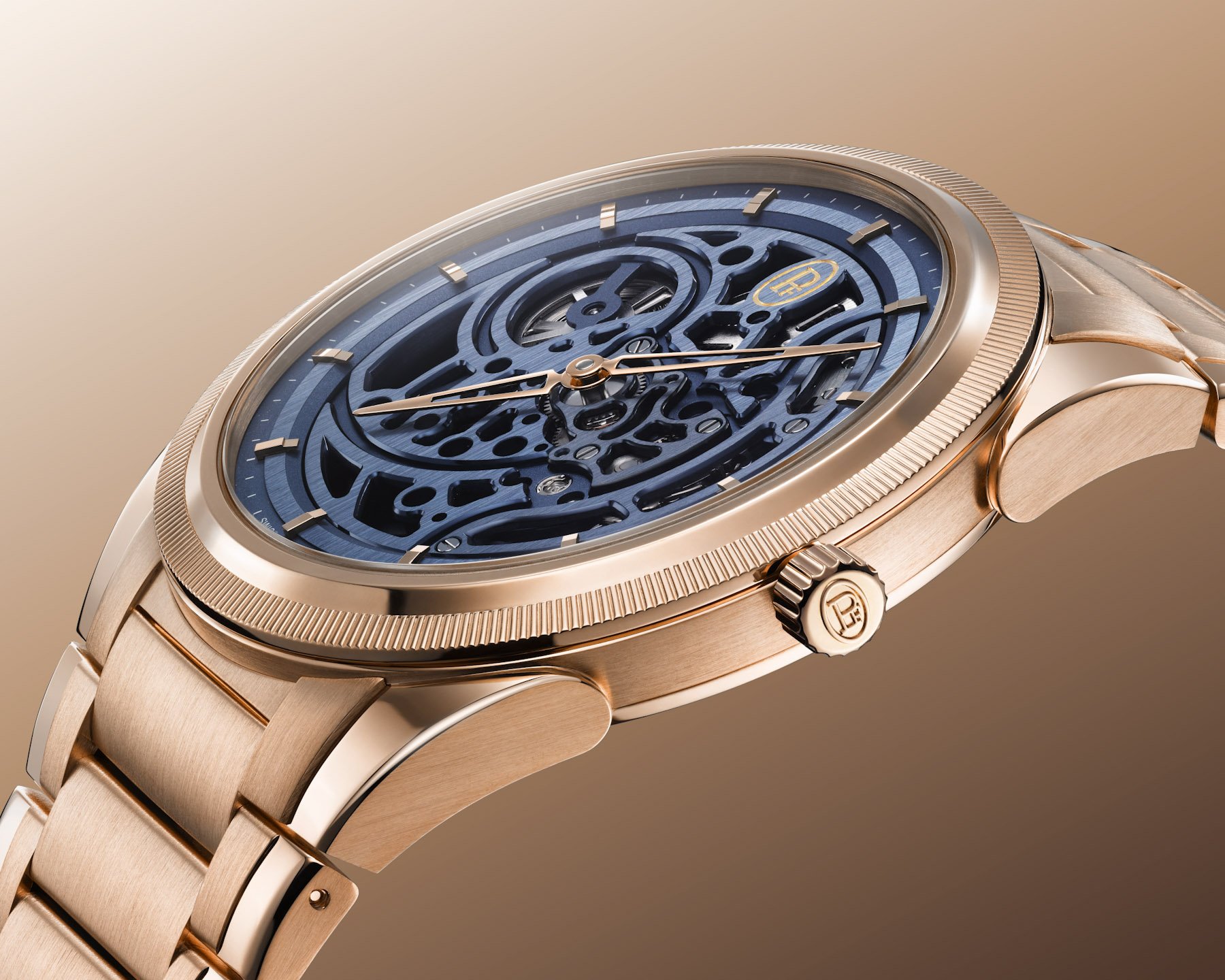 Parmigiani Fleurier Tonda PF Skeleton Rose Gold Milano Blue angled profile view