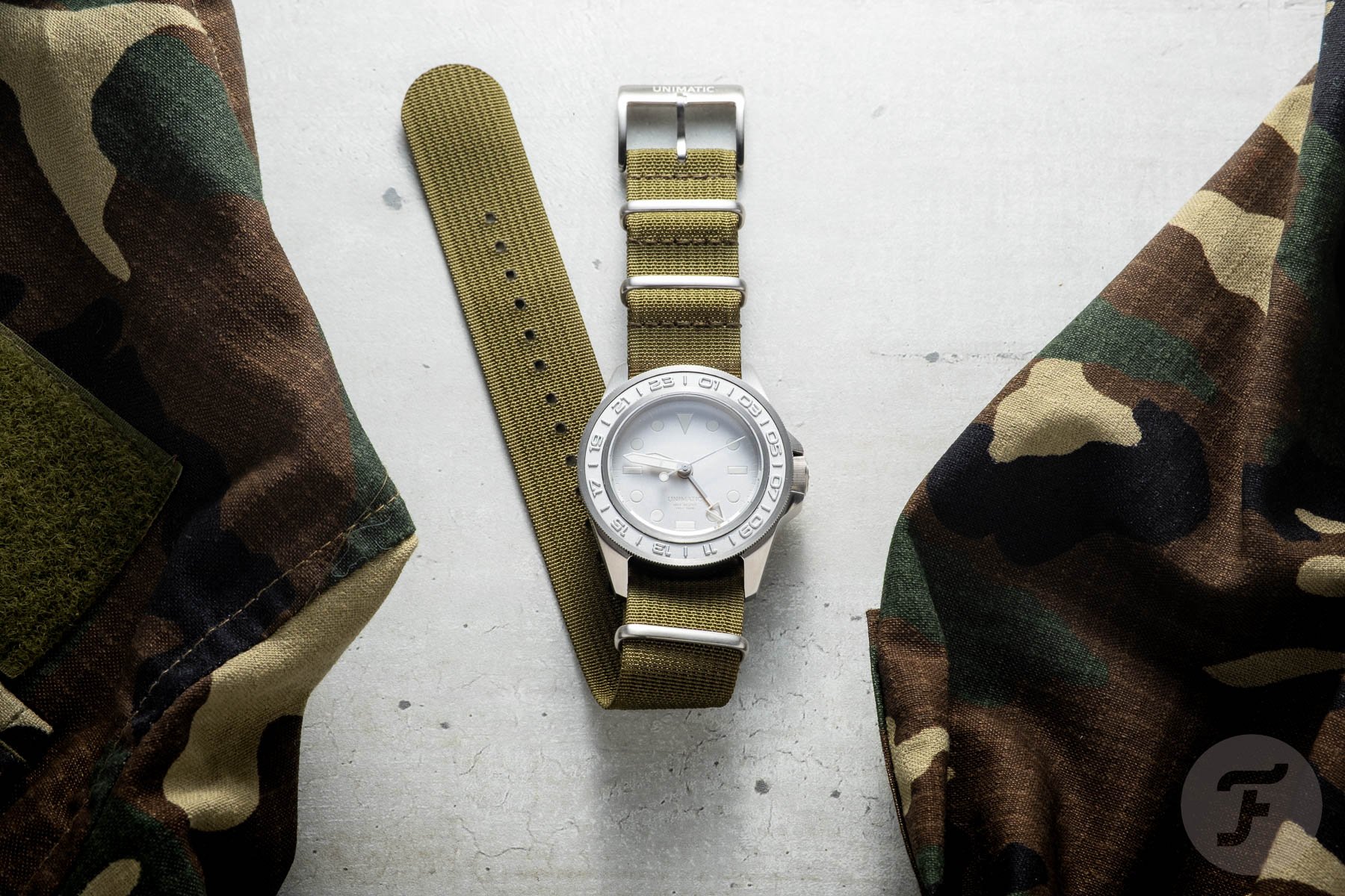 Unimatic Modello Uno GMT Impronte U1-GMT-AEG flat-lay between camo jackets