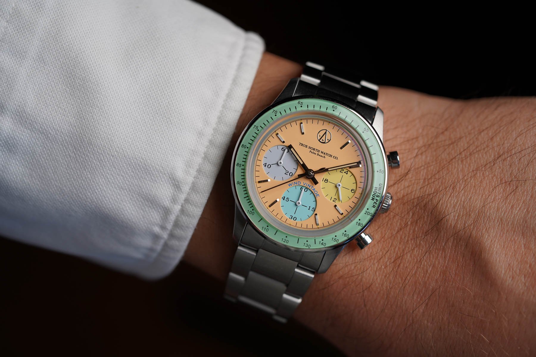 Wind Vintage × True North Vintage Rally Timer IV Dreamsicle wrist shot
