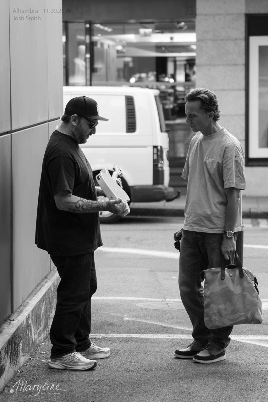 Guitarist Josh Smith talking to Lex Stolk of Fratello Watches outside the Alhambra in Geneva
