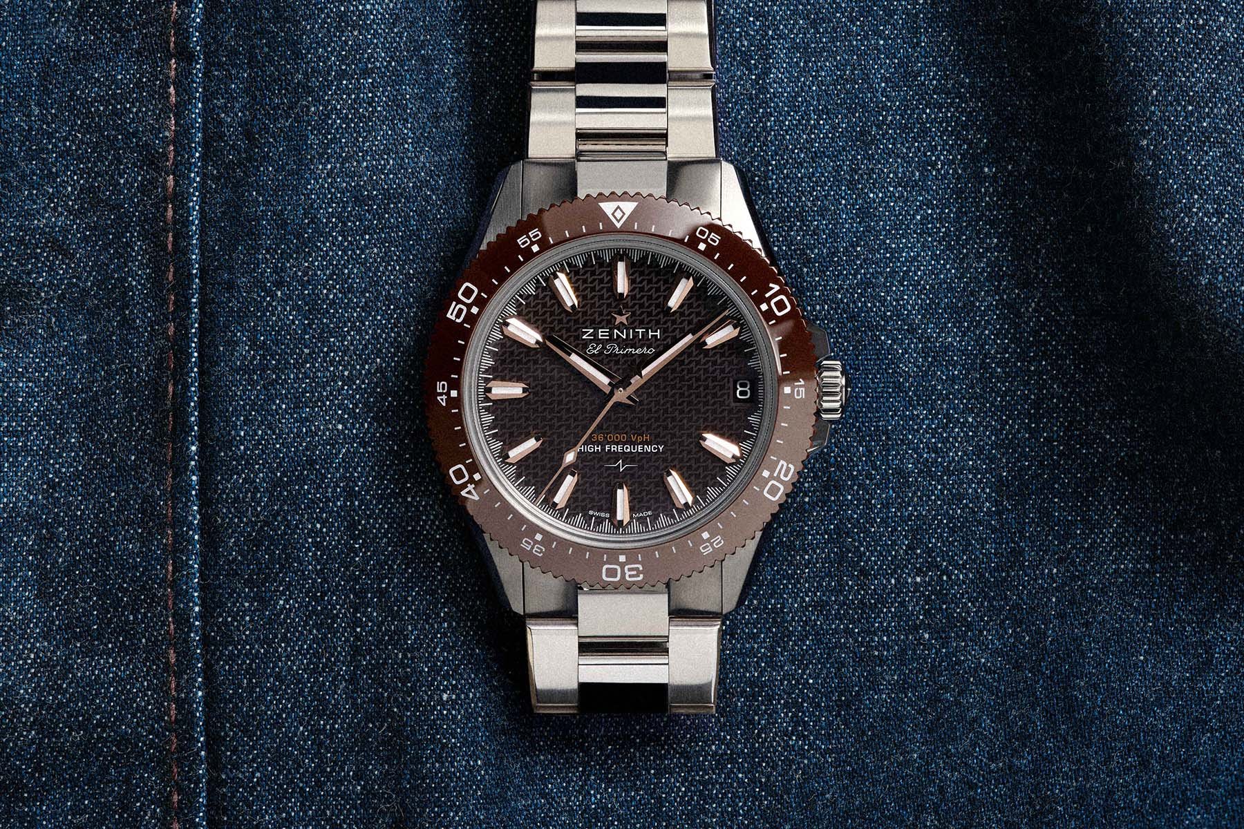 brown-dial Zenith Chronomaster Solo Sport flat on denim