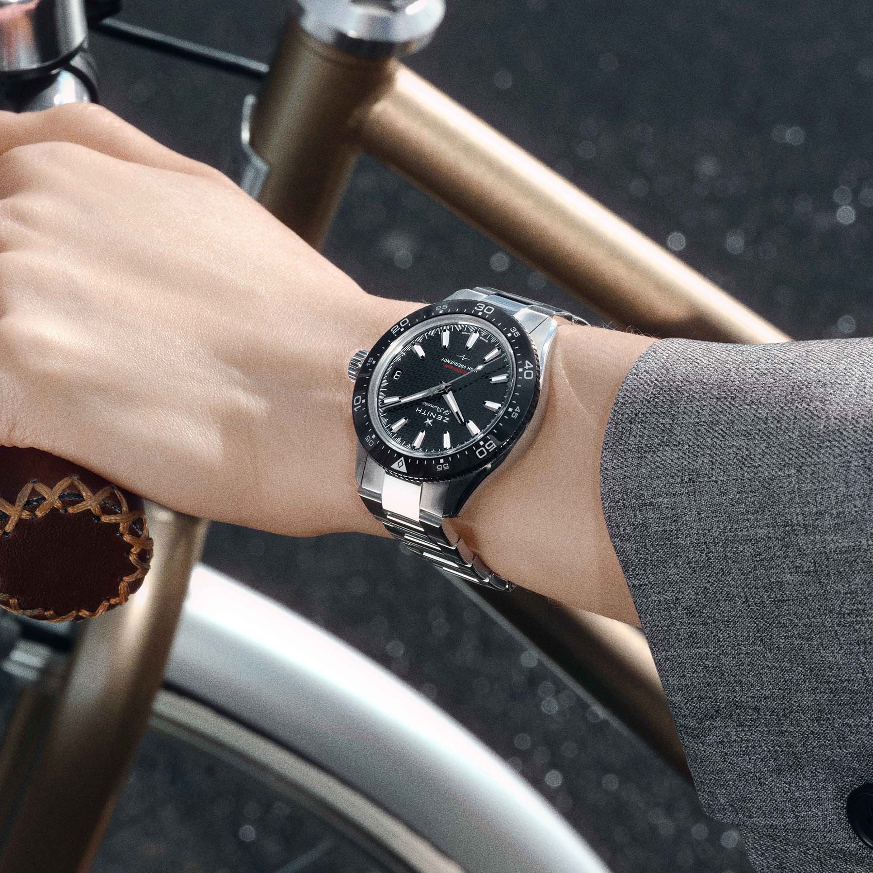 black-dial Zenith Chronomaster Solo Sport on wrist, lifestyle shot
