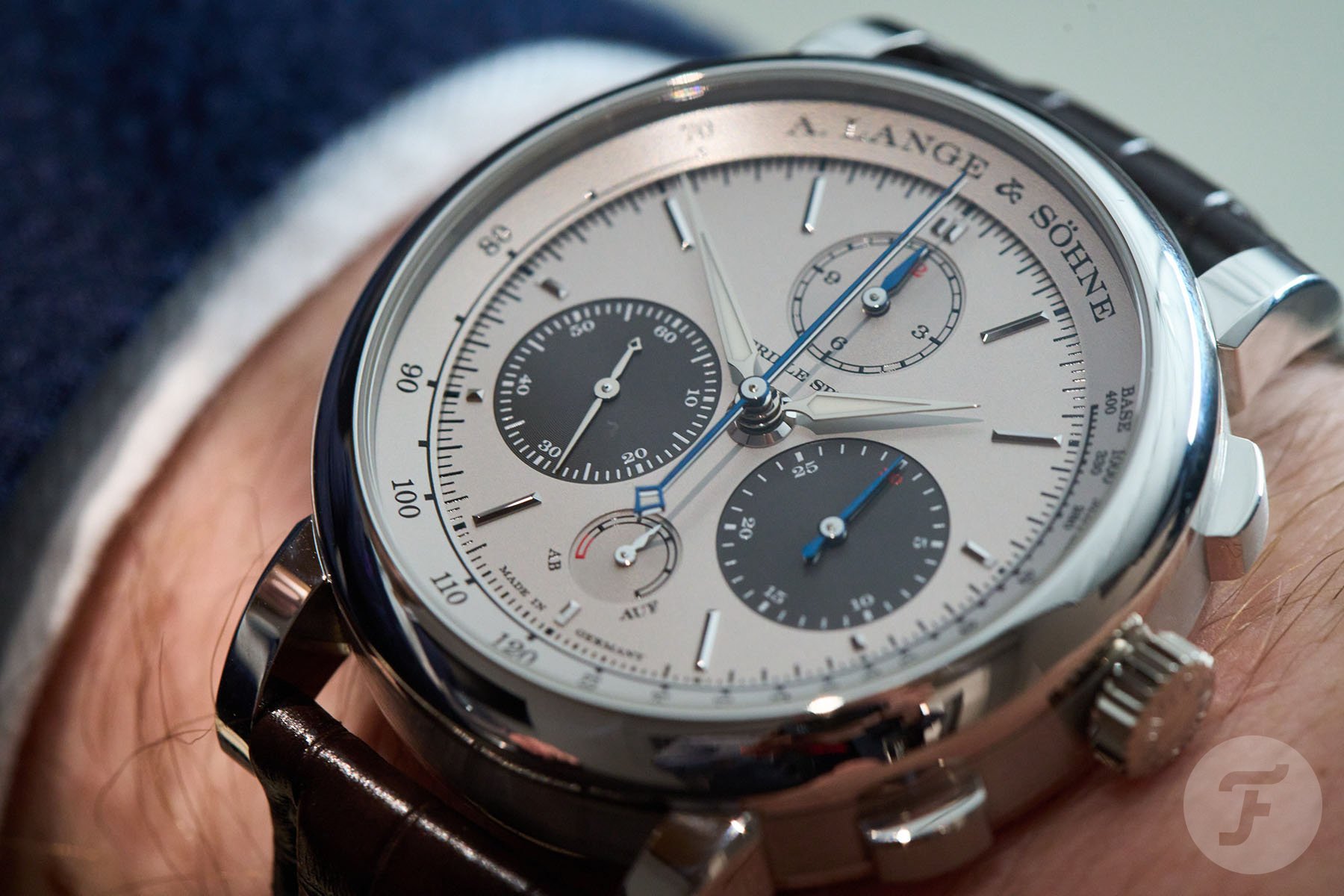 platinum A. Lange & Söhne Triple Split on wrist, up close