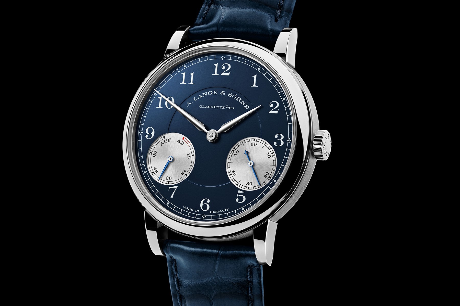 blue-dial A. Lange & Söhne 1815 Up/Down in white gold, upright, angled