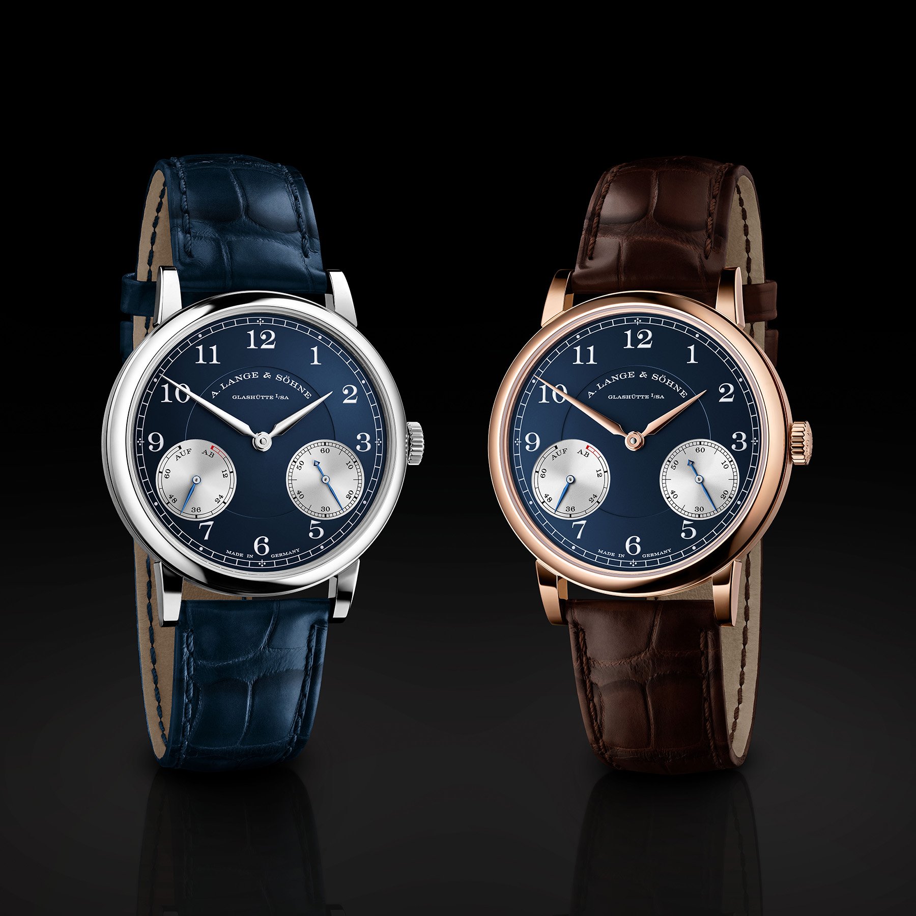 blue-dial A. Lange & Söhne 1815 Up/Down models in white and rose gold, upright, slightly angled